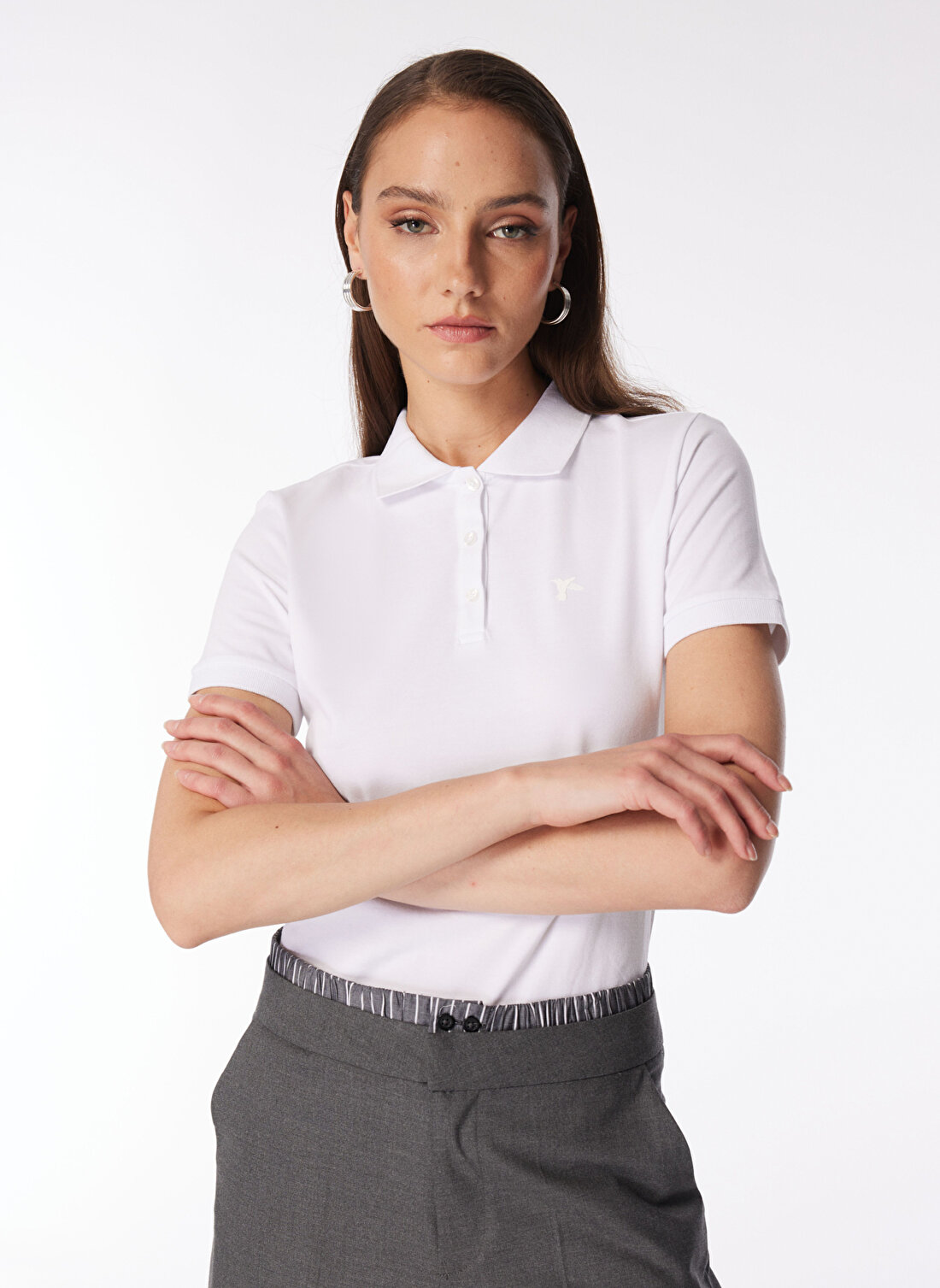 Fabrika Polo Yaka  Basic Düz Beyaz Kadın T-Shirt  -  DEEP