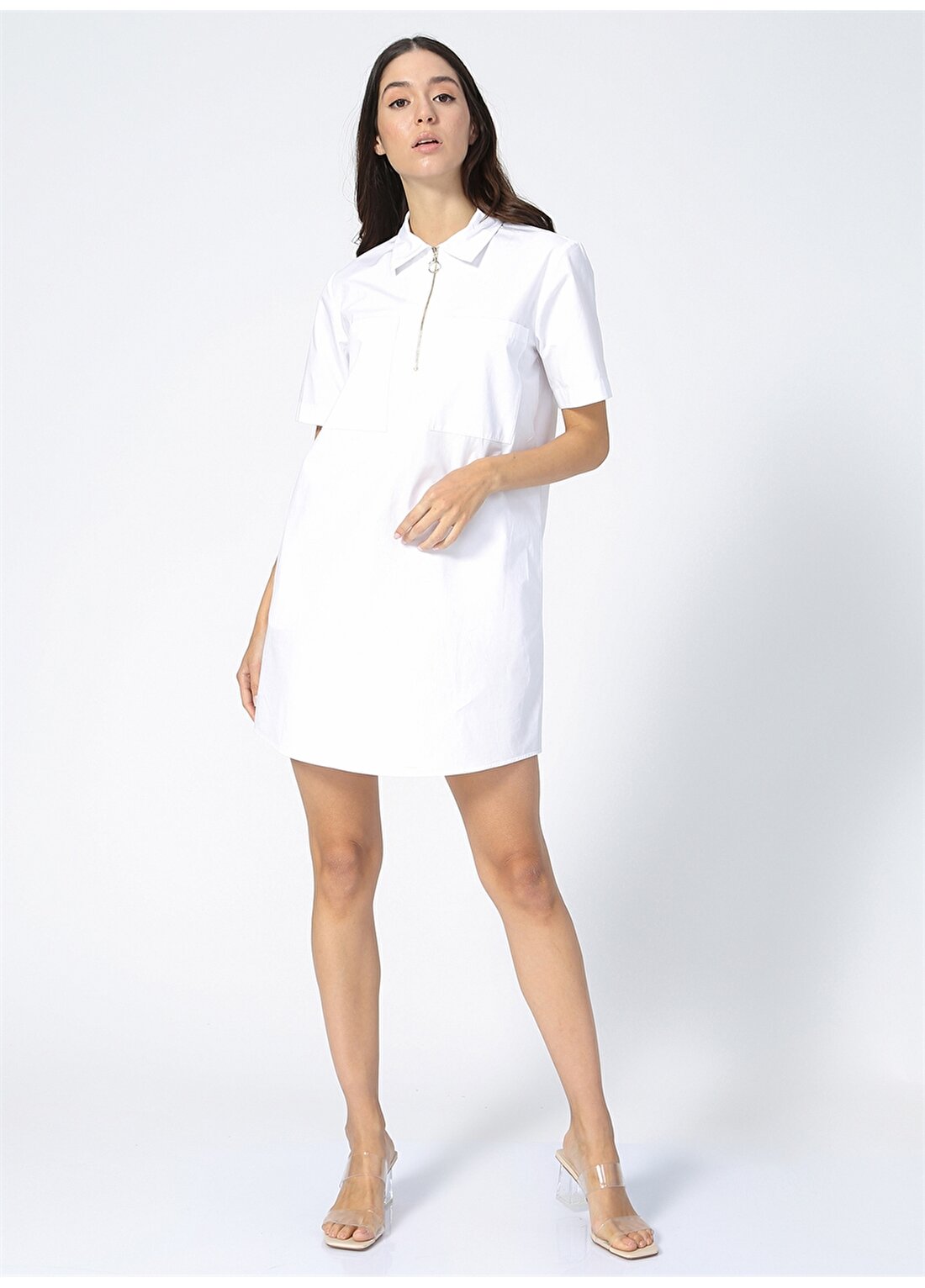 Fabrika Comfort Gömlek Yaka Düz Beyaz Kadın Elbise