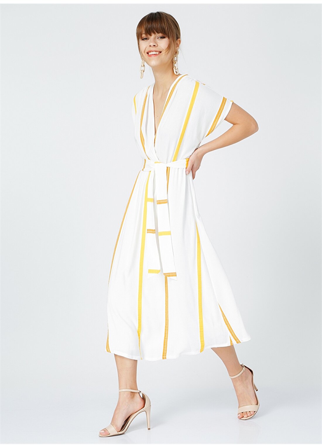 Fabrika Comfort V Yaka Çizgili Sarı - Beyaz Kadın Elbise
