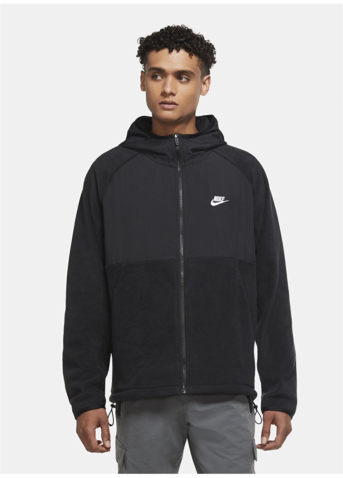 Nike Siyah Marka Baskılı Cepli Kapüşonlu Zip Erkek Ceket