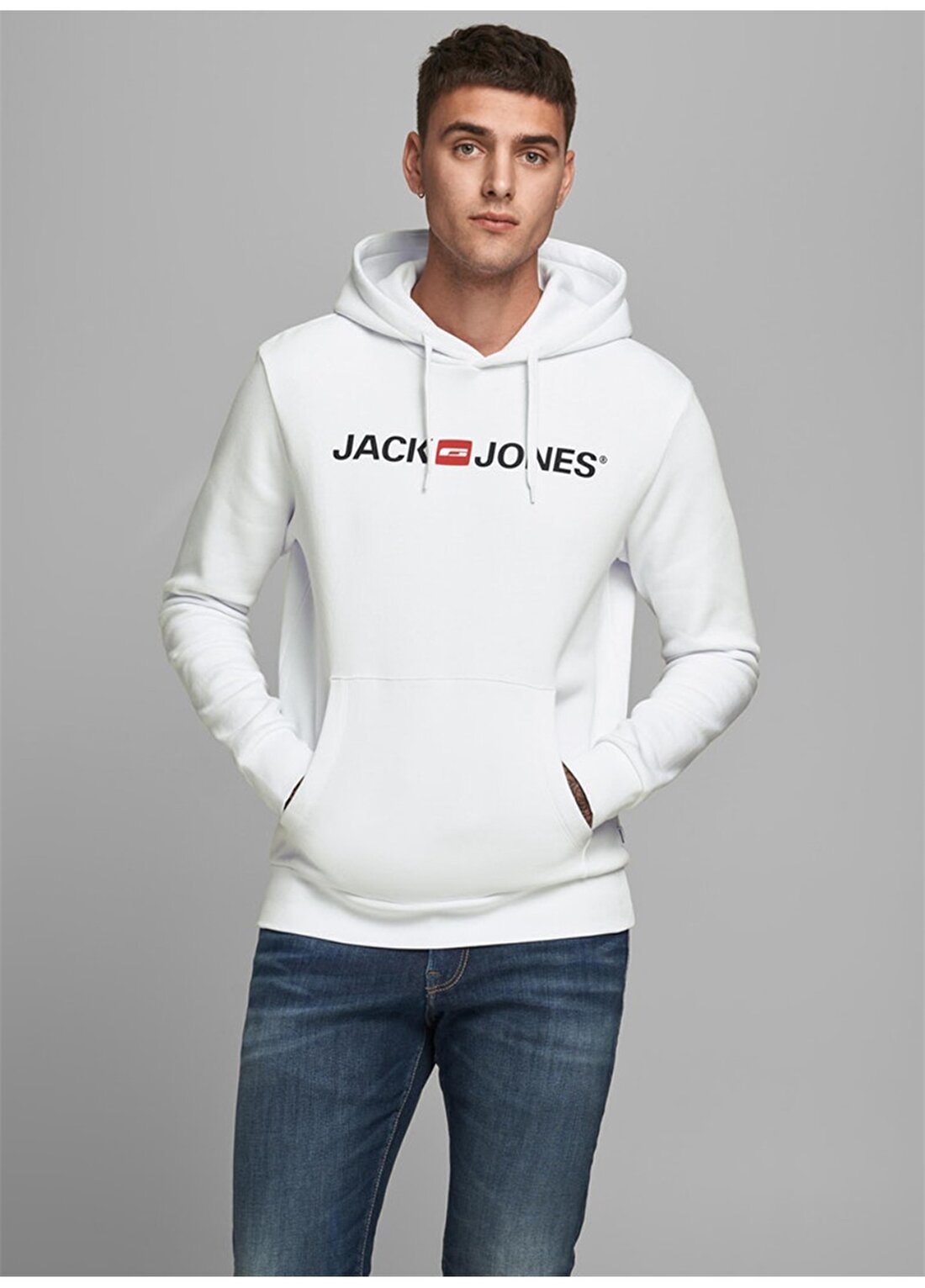 Jack & Jones 12137054_Jjecorp Old Logo Sweat Hoo Kapüşonlu Regular Fit Baskılı Beyaz Erkek Sweatshirt