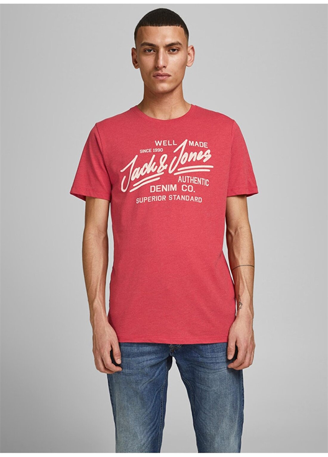 Jack & Jones Bisiklet Yaka Kısa Kol Slim Fit Baskılı Kırmızı Erkek T-Shirt