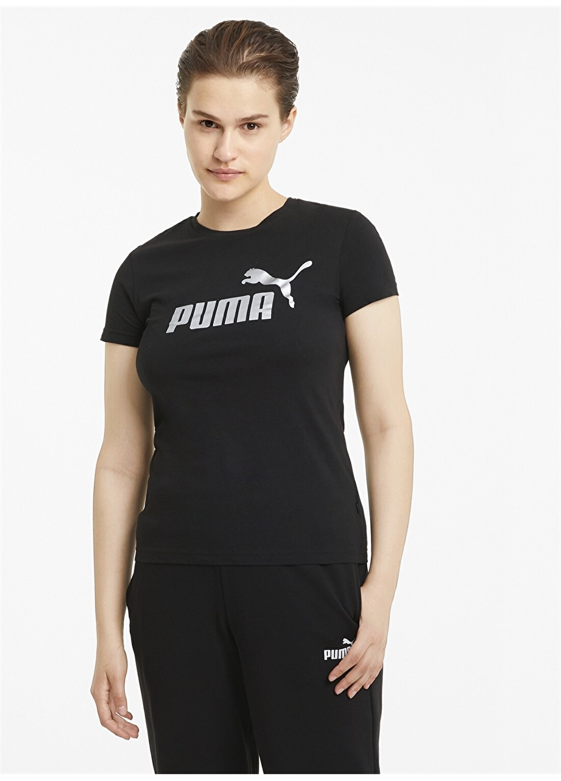 Puma Kadın Siyah-Gümüş Bisiklet Yaka T-Shirt