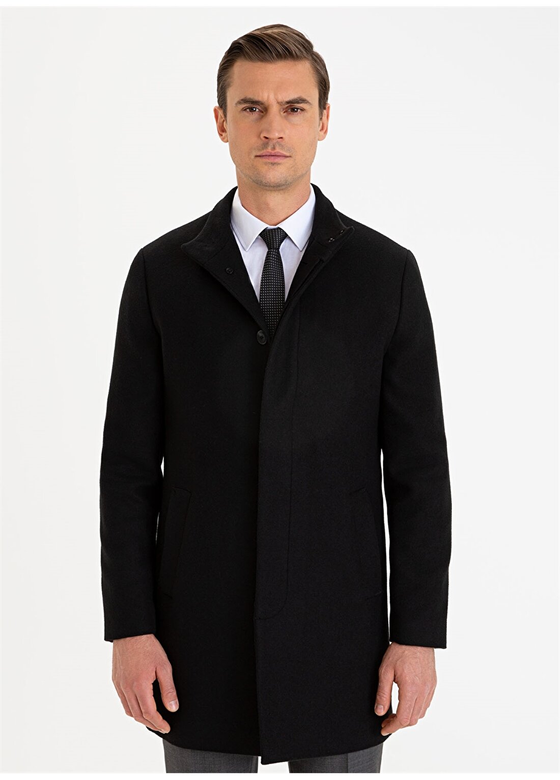 Pierre Cardin Düz Düğmeli Siyah Erkek Palto