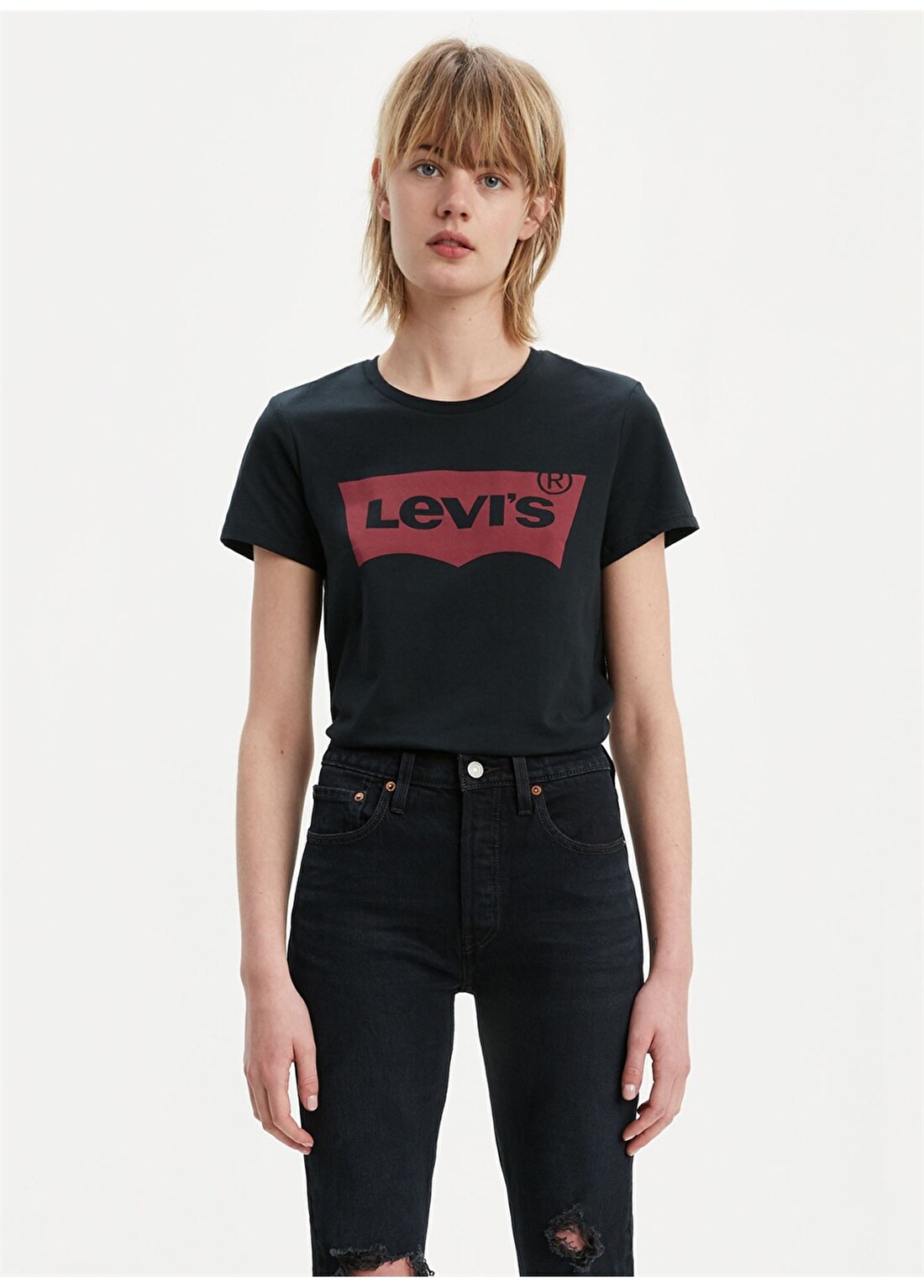 Levis Kadın Bisiklet Yaka Baskılı Siyaht-Shirt