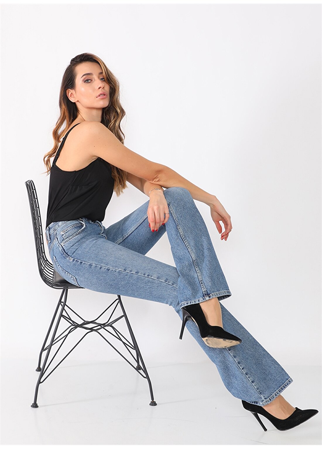 Darkly Jeans Yüksek Bel İspanyol Paça Flare Mavi Kadın Denim Pantolon 90''S Vintage