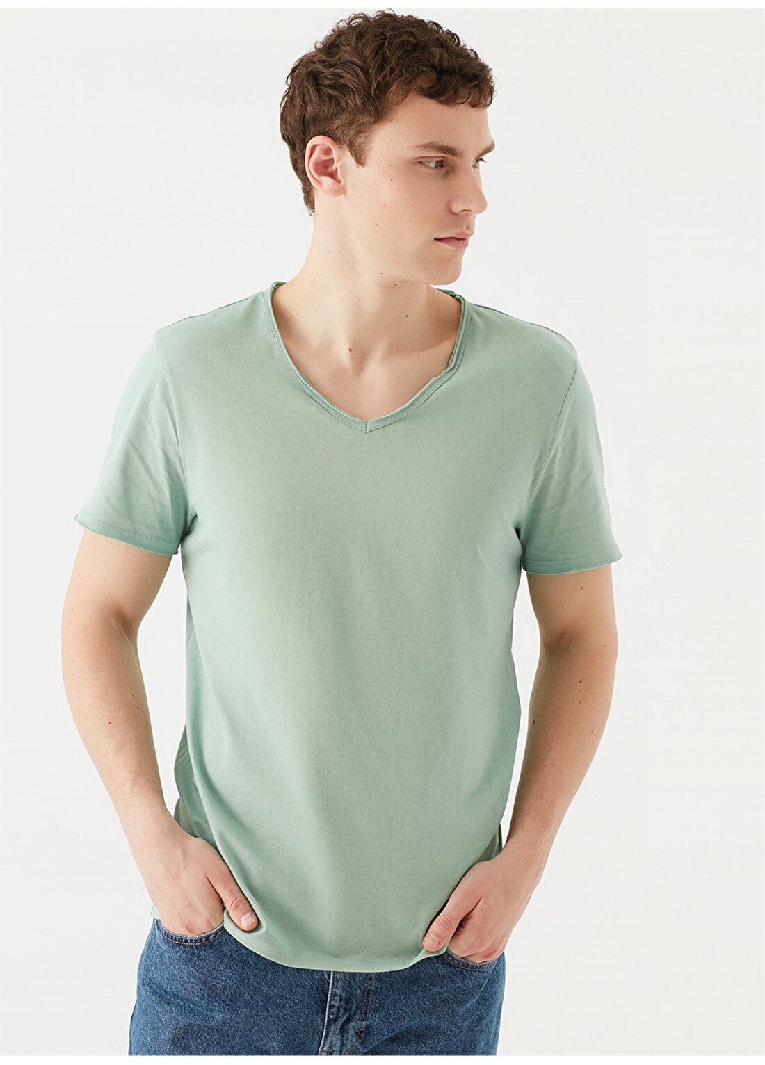 Mavi V Yaka Kısa Kollu Dar Kalıp Düz Koyu Yeşil Erkek T-Shirt