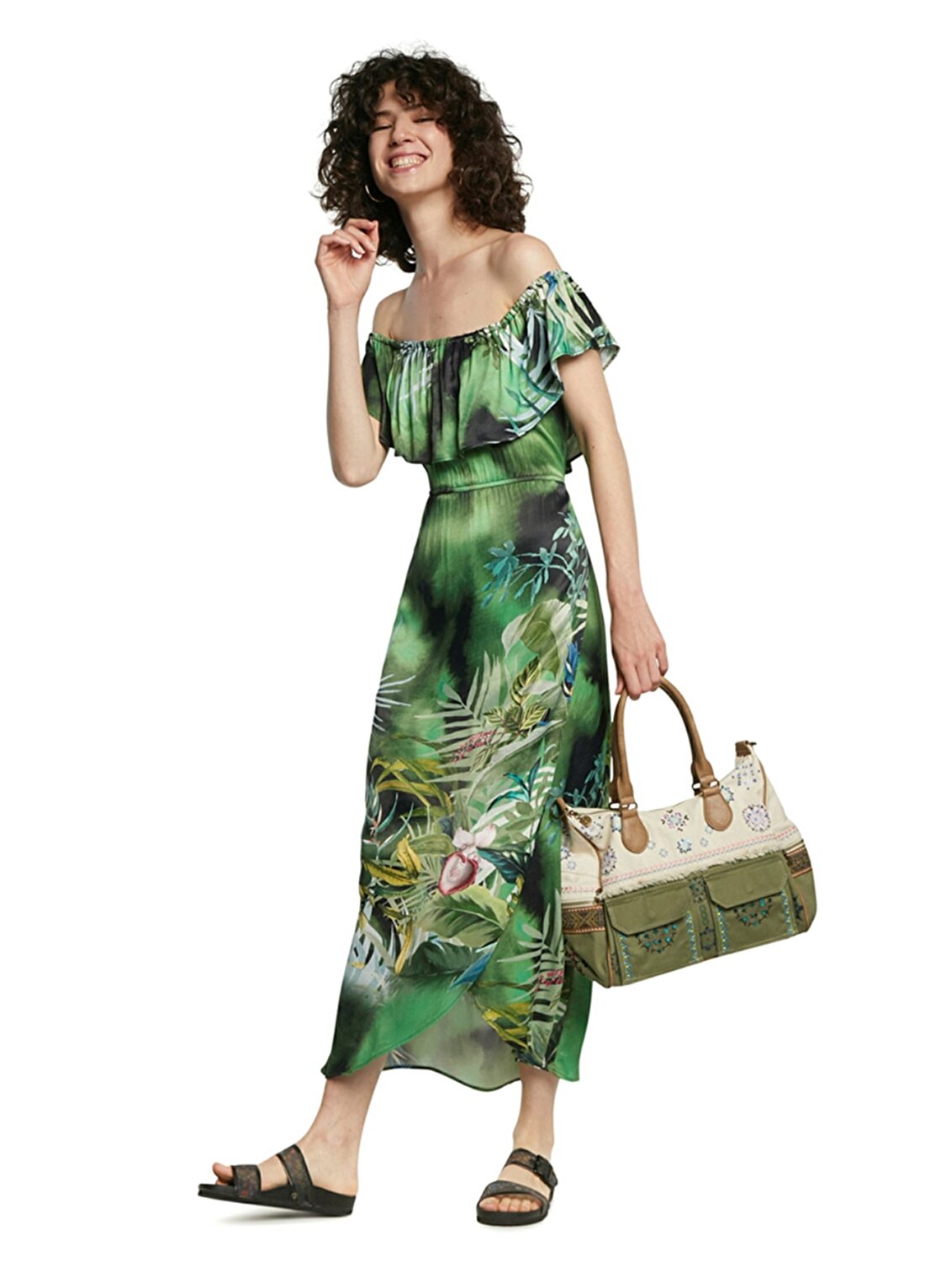 Desigual Yuvarlak Yaka Standart Kalıp Desenli Yeşil Kadın Elbise