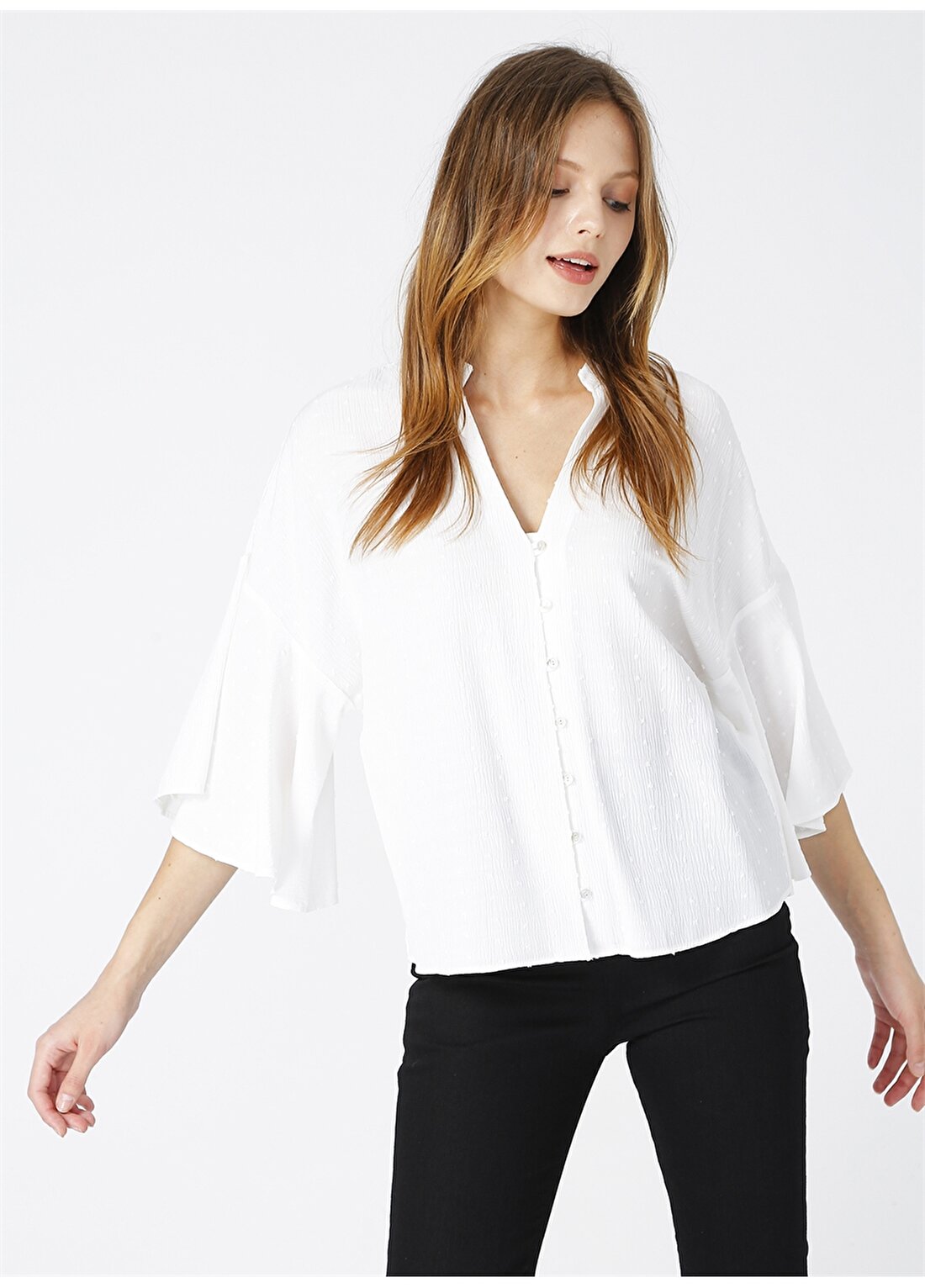 Network Kadın Jakralı Beyaz Kaçık Yaka Truvakar Kol Basic Gömlek