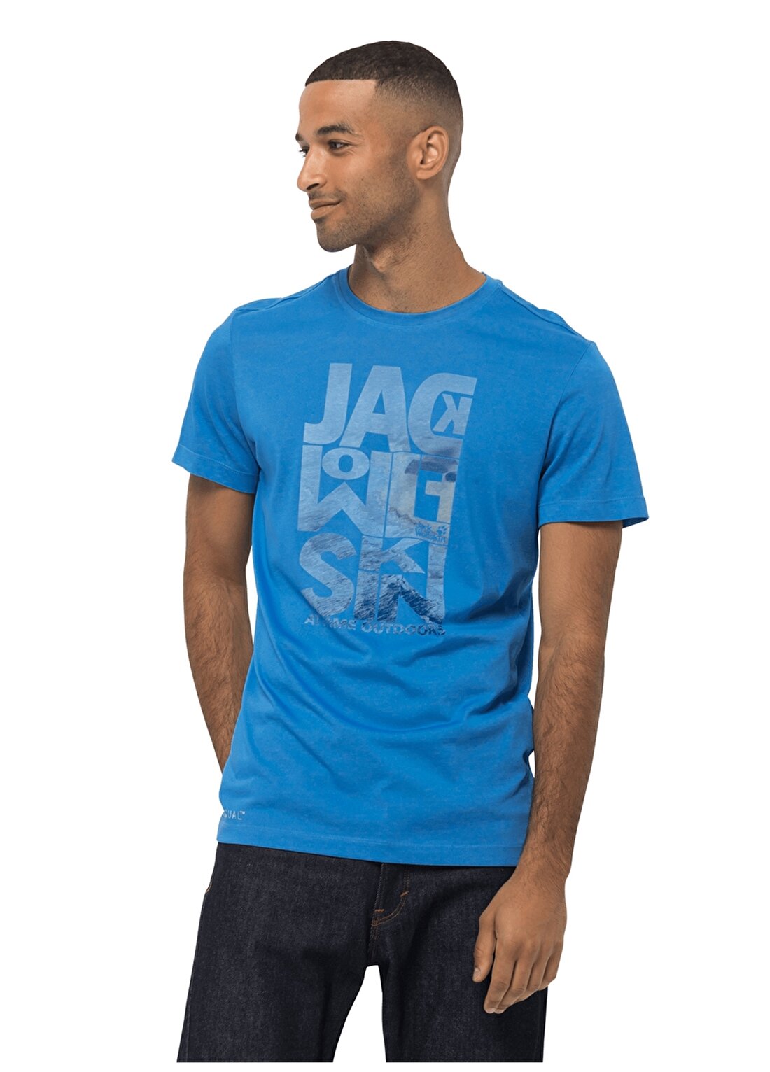 Jack Wolfskin Atlantic Ocean T M Bisiklet Yaka Baskılı Kısa Kol Mavi Erkek T-Shirt