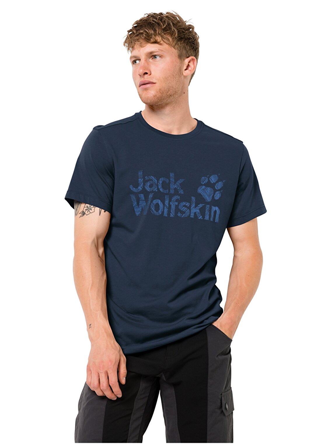 Jack Wolfskin Brand Logo T M Bisiklet Yaka Baskılı Kısa Kollu Mavi Erkek T-Shirt