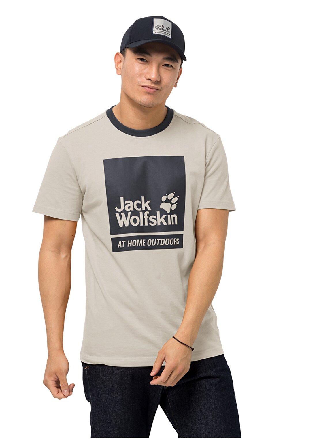 Jack Wolfskin Bisiklet Yaka Kısa Kollu Baskılı Bej Erkek T-Shirt