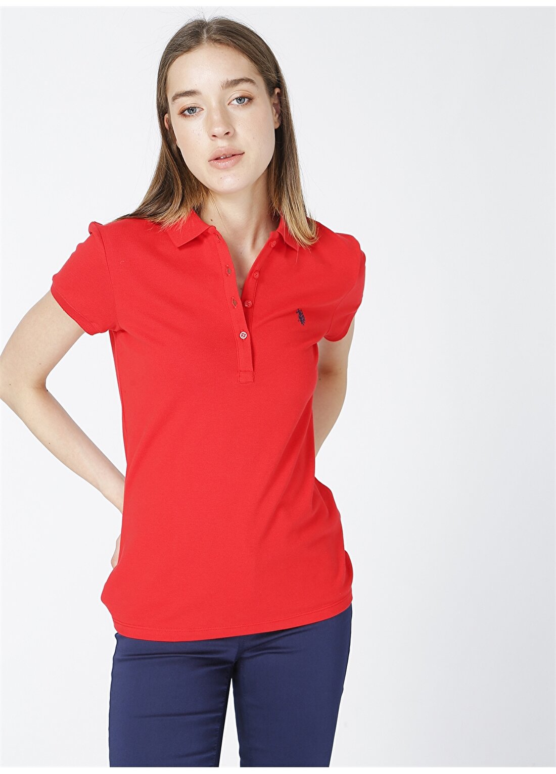 U.S. Polo Assn. Polo Yaka Düz Açık Kırmızı Kadın T-Shirt GTP-IY021