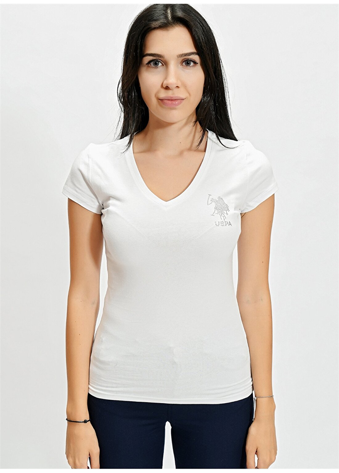 U.S. Polo Assn. Tv0121 V Yaka Extra Slim Düz Beyaz Kadın T-Shirt