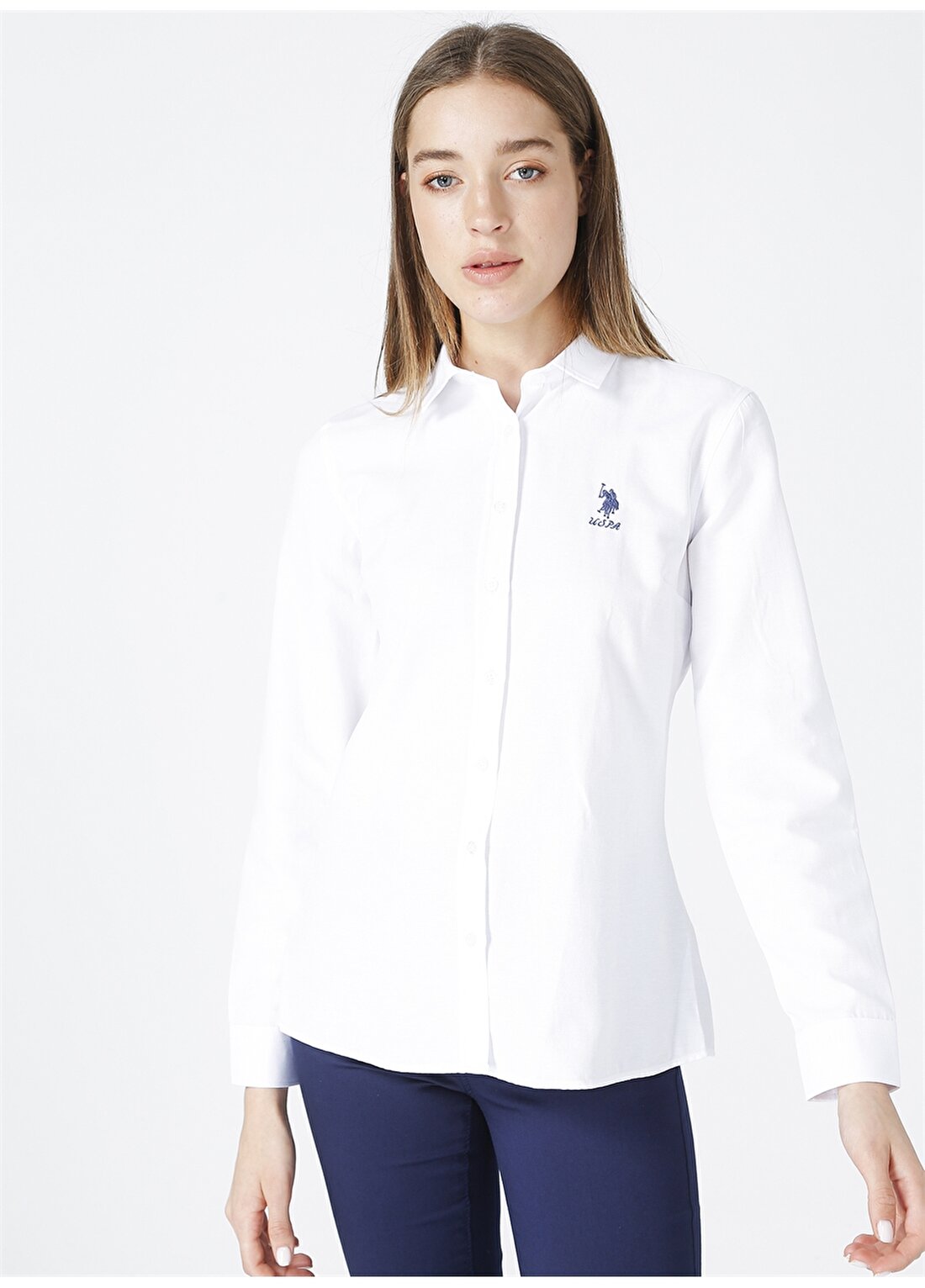 U.S Polo Assn. WOX021Y Uzun Kol Slim Fit Cepsiz Beyaz Bayan Gömlek