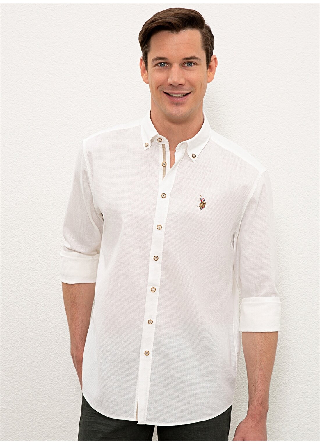 U.S. Polo Assn. Beyaz Erkek Keten Karışımlı Gömlek ATEL