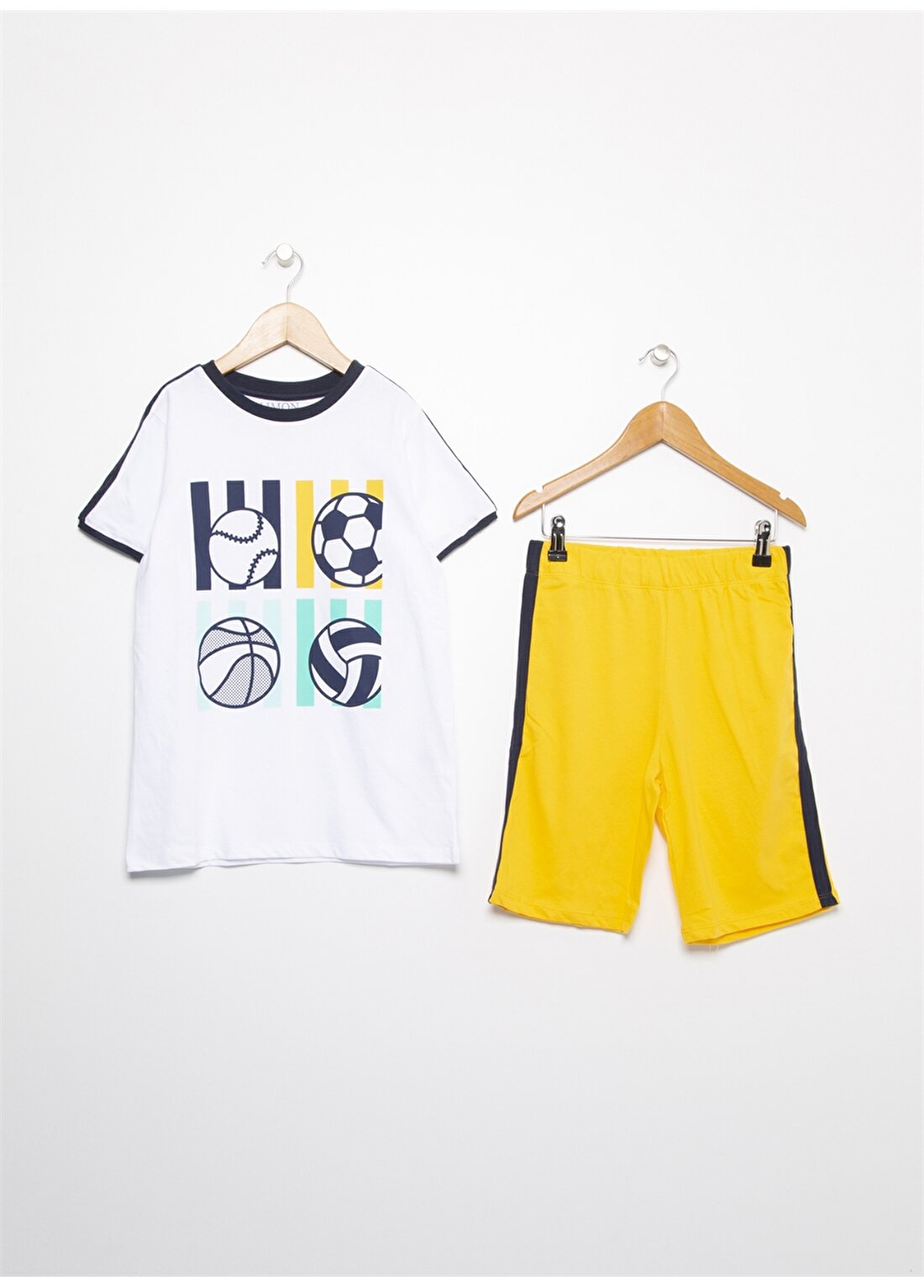 Limon Beyaz Erkek Çocuk Bisiklet Yaka Desenli Pijama Takımı PJM01