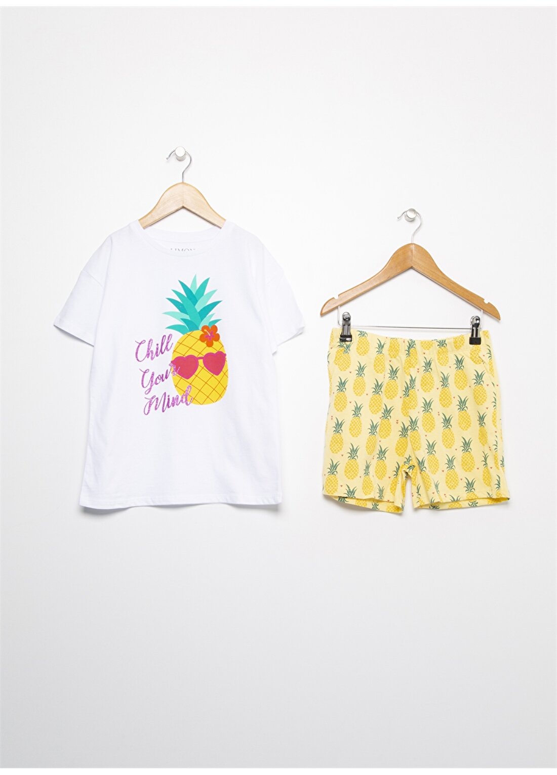 Limon Kısa Kollu Kısa Paça Desenli Sarı Beyaz Kız Çocuk Pijama Takımı
