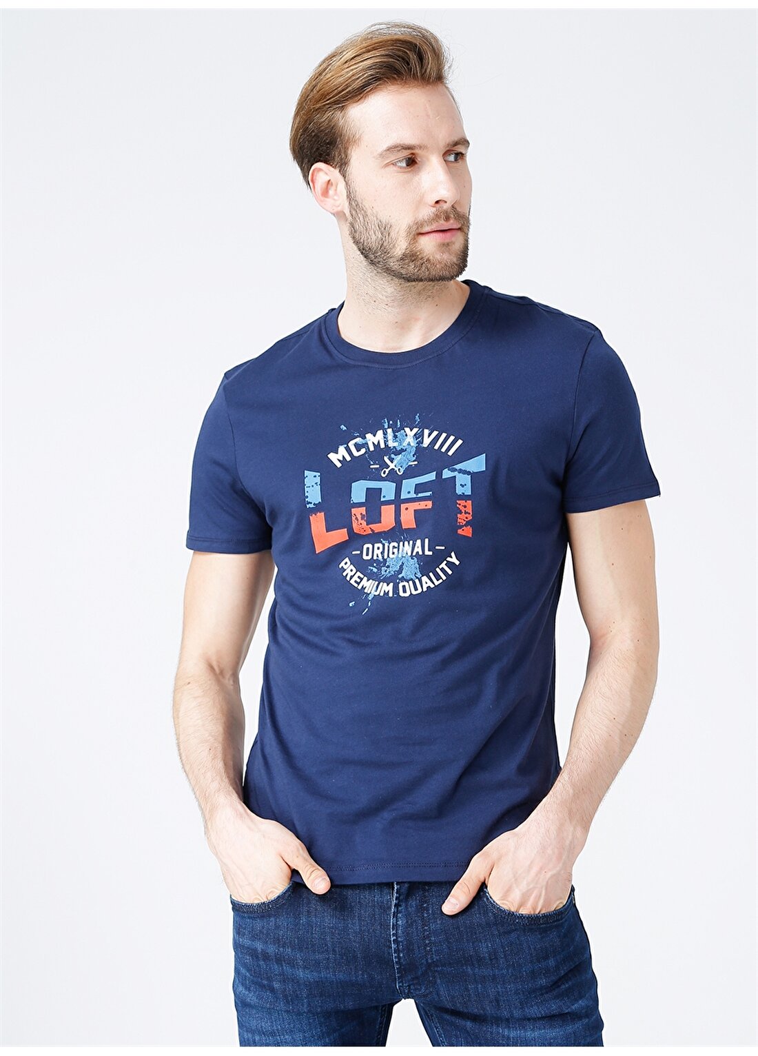 Loft Bisiklet Yaka Kısa Kollu Baskılı Mavi Erkek T-Shirt