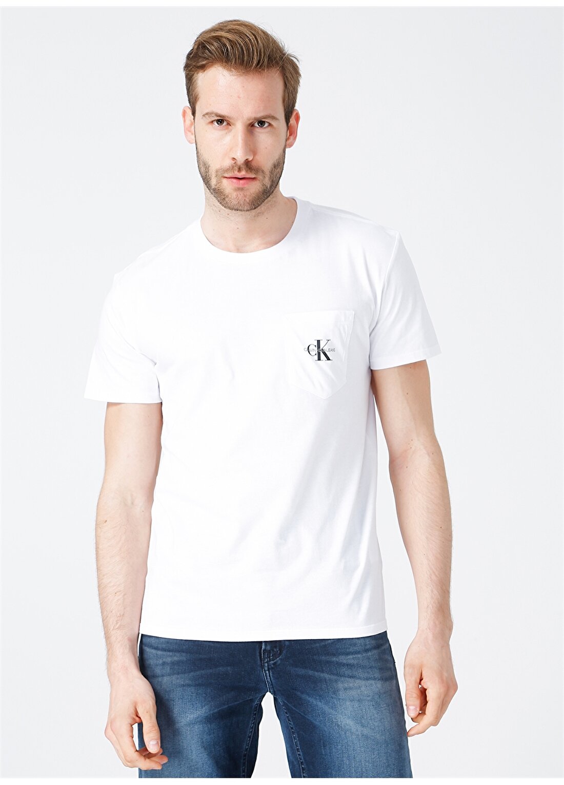 Calvin Klein Jeans Bisiklet Regular Fit Düz Erkek Beyaz T-Shirt J30J317294-YAF MONOGRAM POCKET TEE