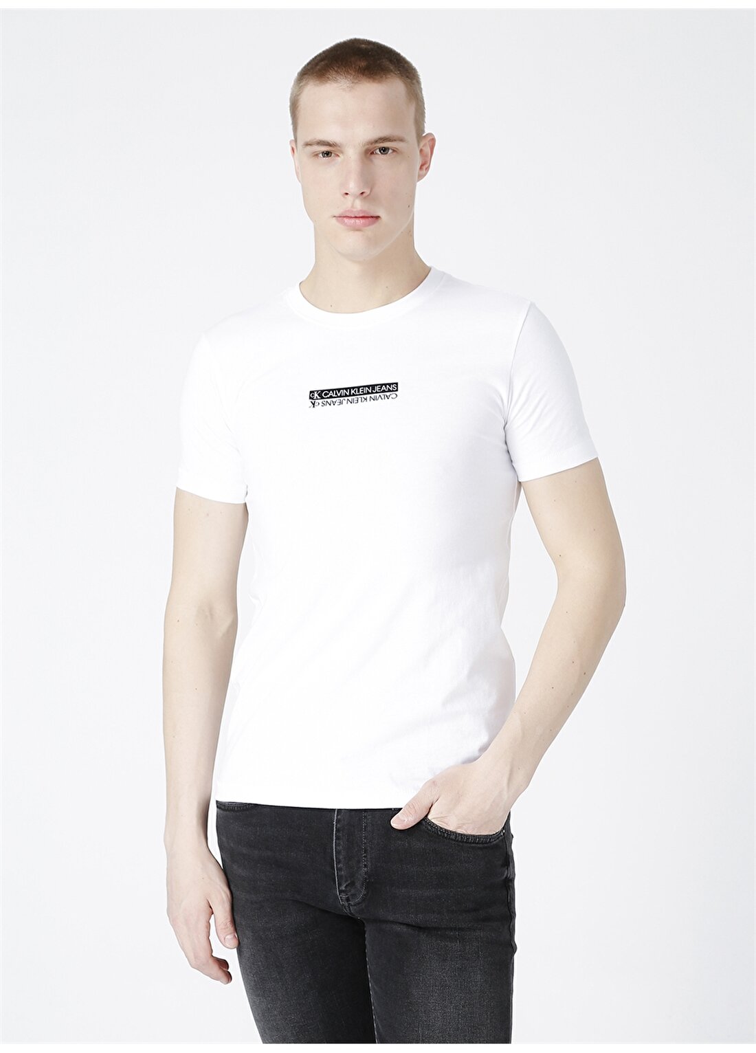 Calvin Klein Jeans Bisiklet Dar Düz Erkek Beyaz T-Shirt J30J317063-YAF MIRROR LOGO SLIM T