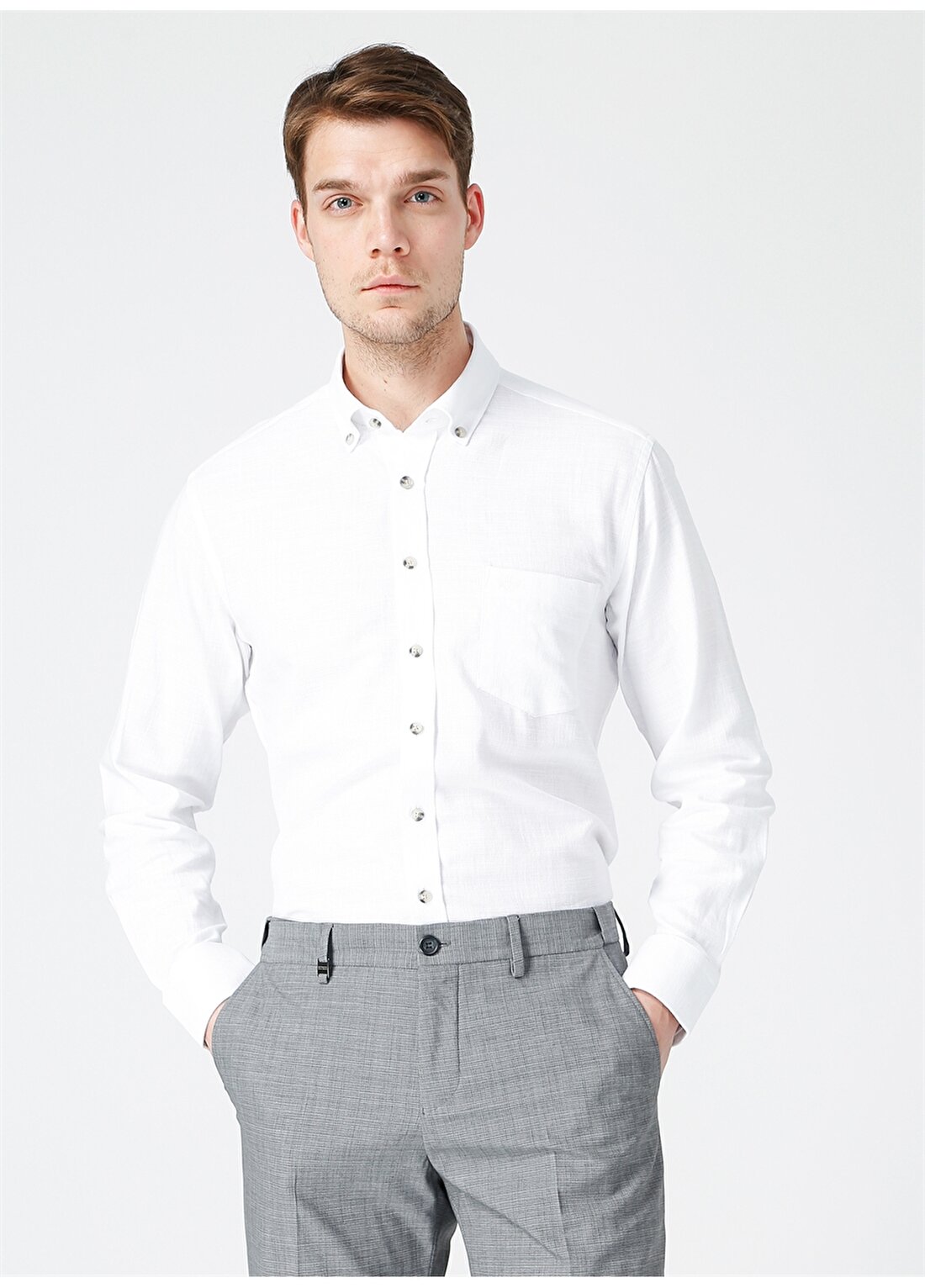 Priv Düğmeli Yaka Comfort Fit Beyaz Erkek Gömlek