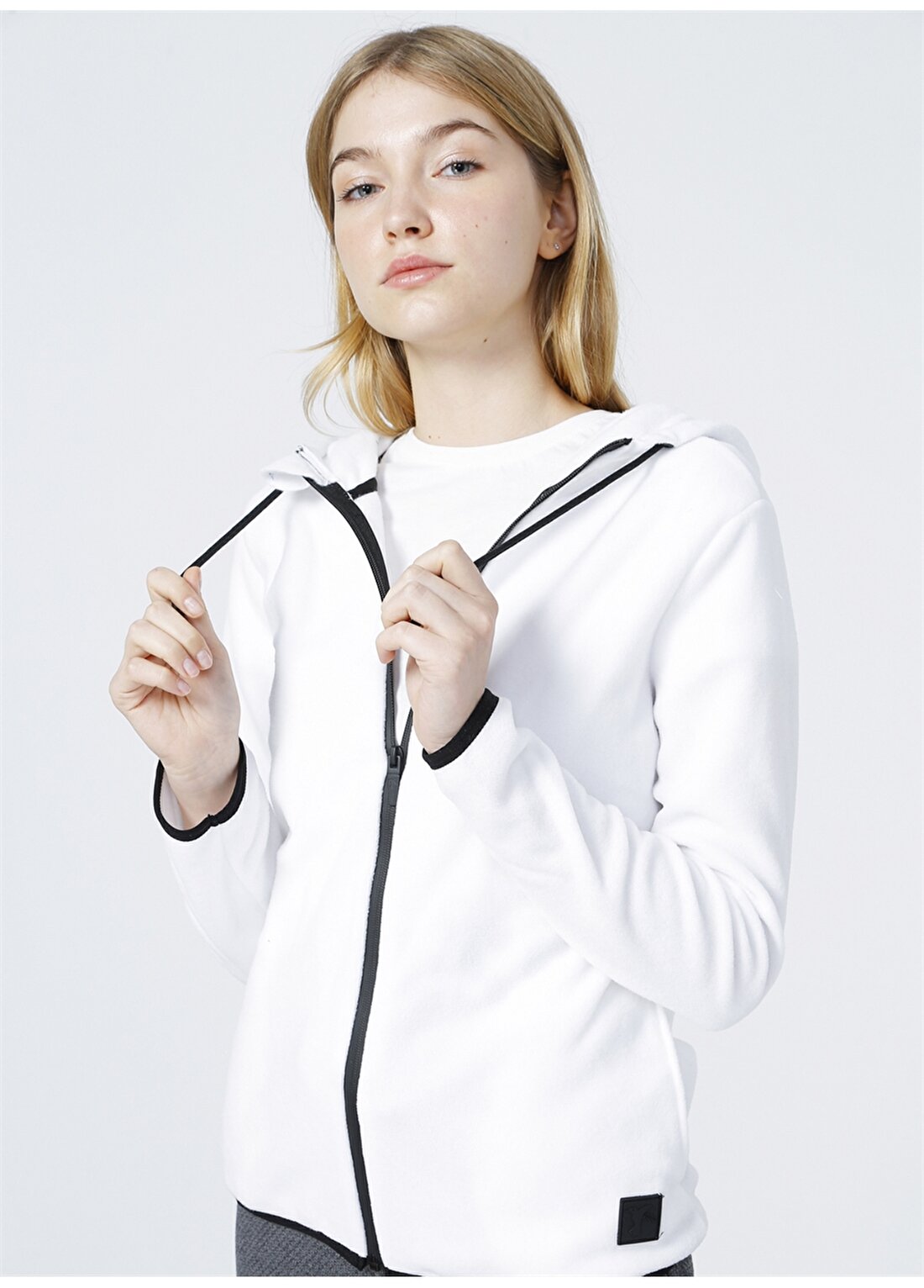 Fabrika Sports Kapüşonlu Basic Beyaz Kadın Fermuarlı Sweatshirt