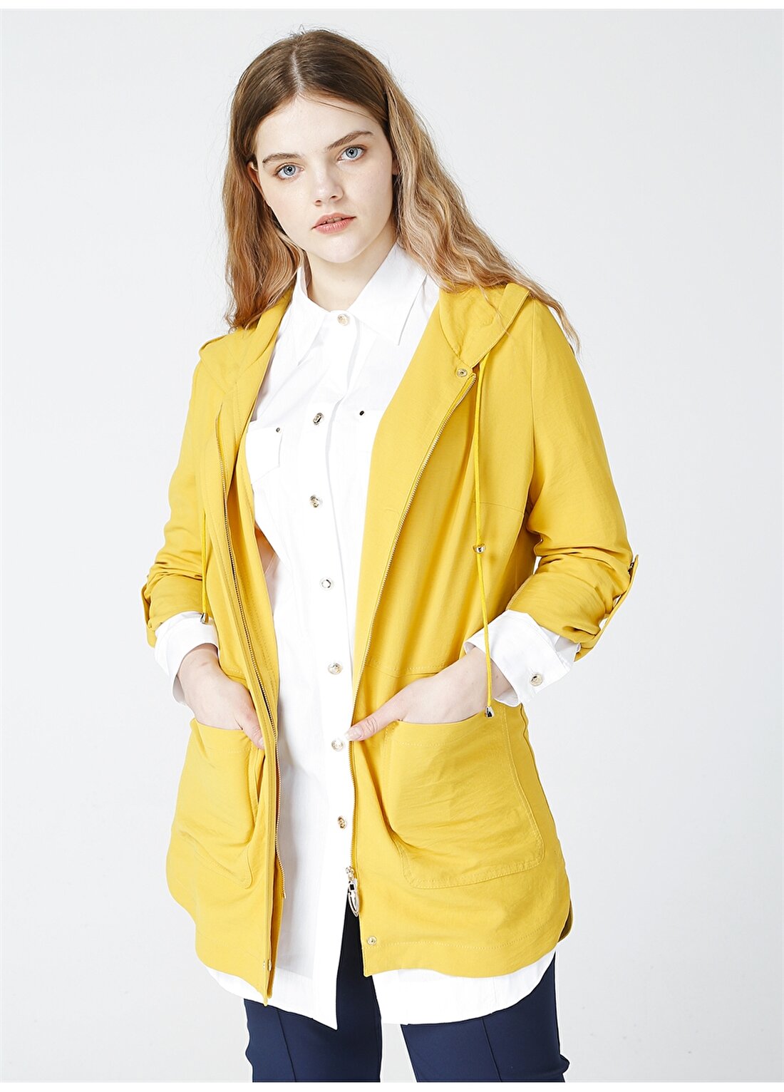 Ekol 21Y.EKL.PRD.07062.1 Kapüşonlu Uzunkollu Standart Kalıp Cepli Sarı Kadın Ceket