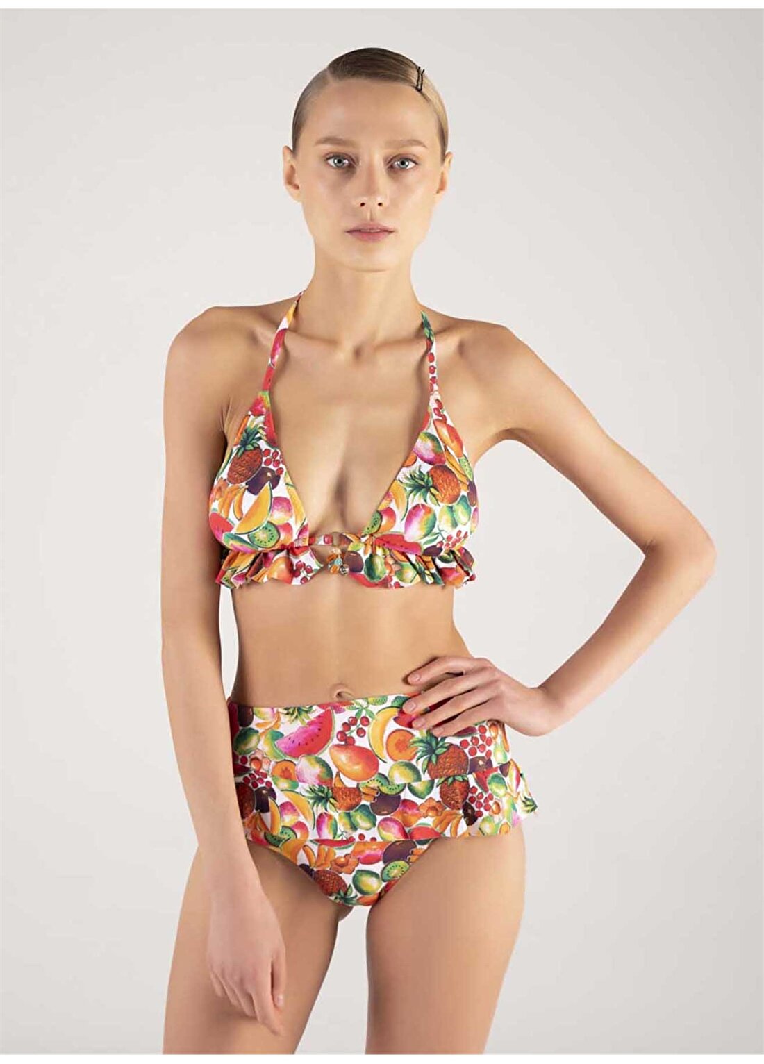 Shikoo 4284 Meyve Desenli Fırfırlı Çok Renkli Kadın Bikini Takımı