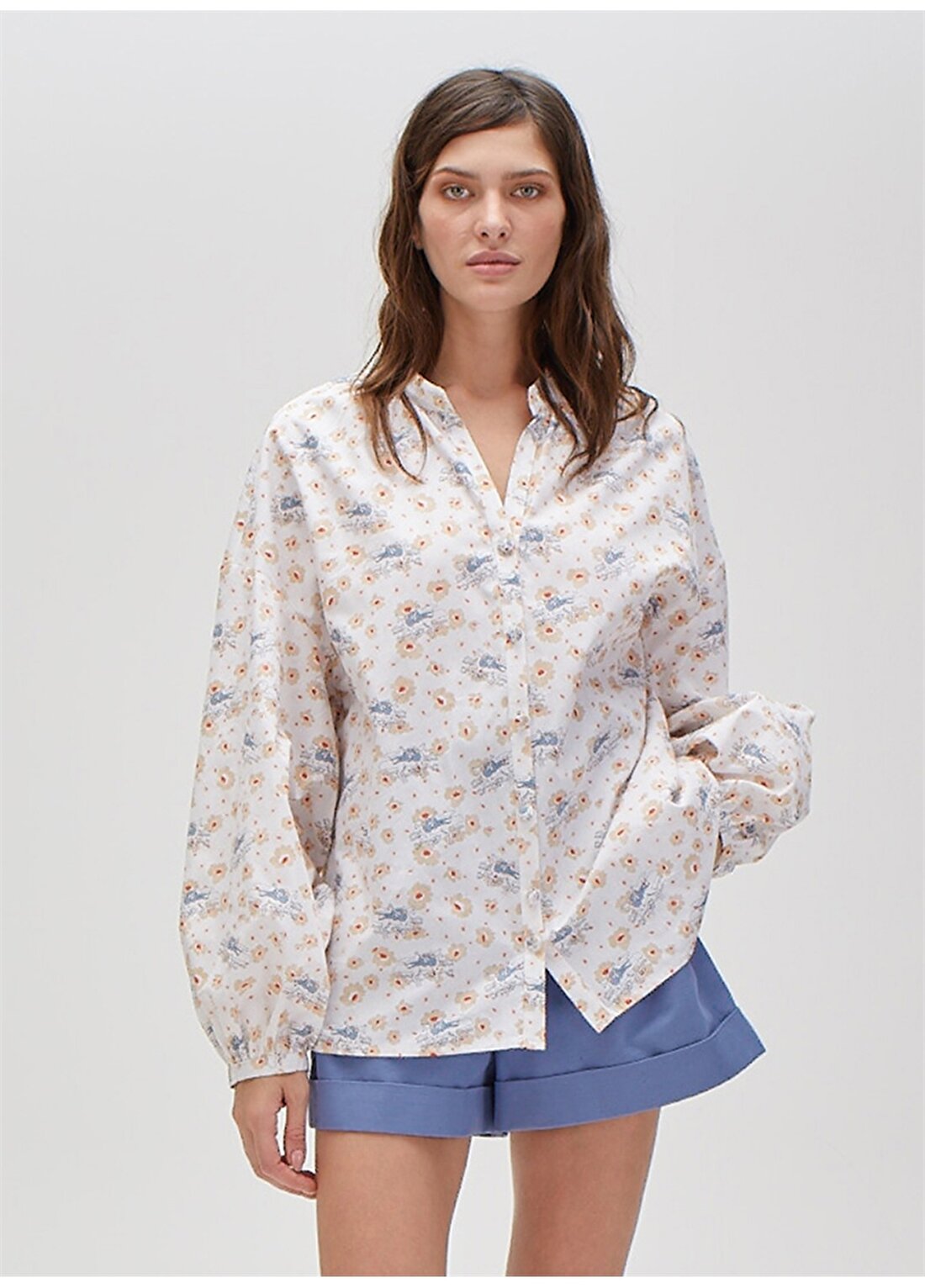 Faraway Gömlek Yaka Desenli Beyaz Kadın Bluz FS21-TO132