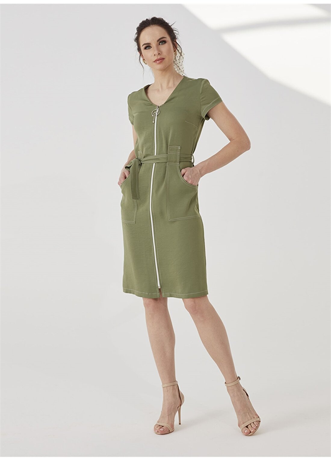 Selen U Yaka Düz Yeşil Kadın Elbise