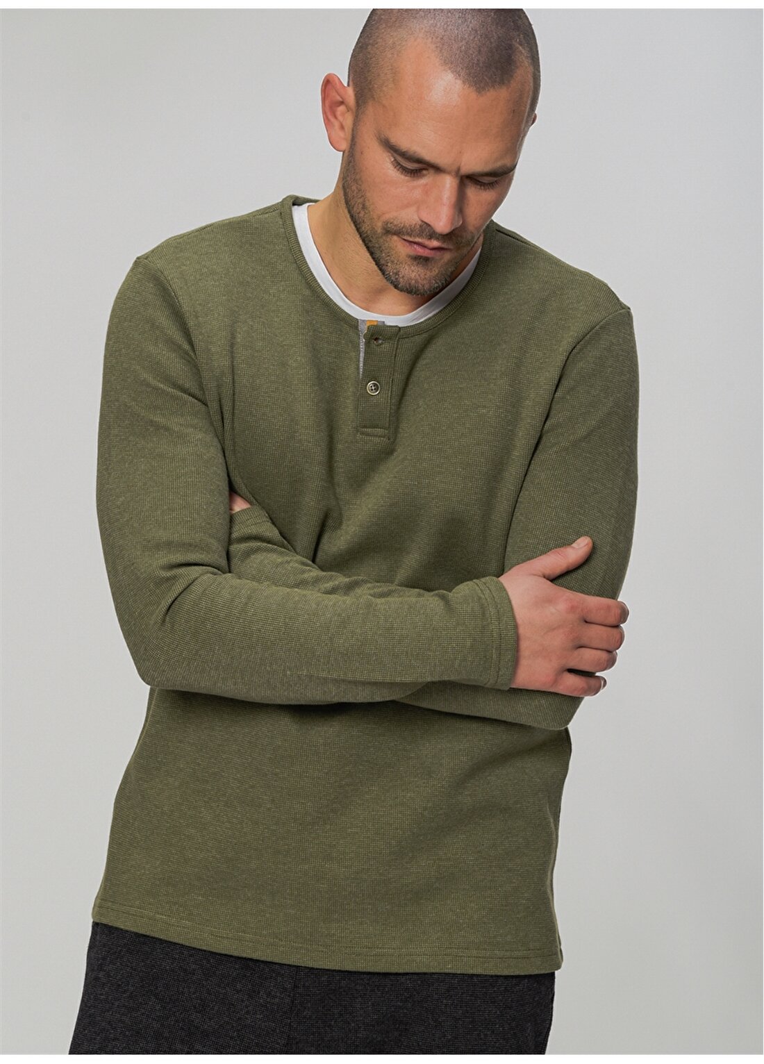 People By Fabrika Düğmeli Uzun Kol Yeşil Erkek Sweatshirt