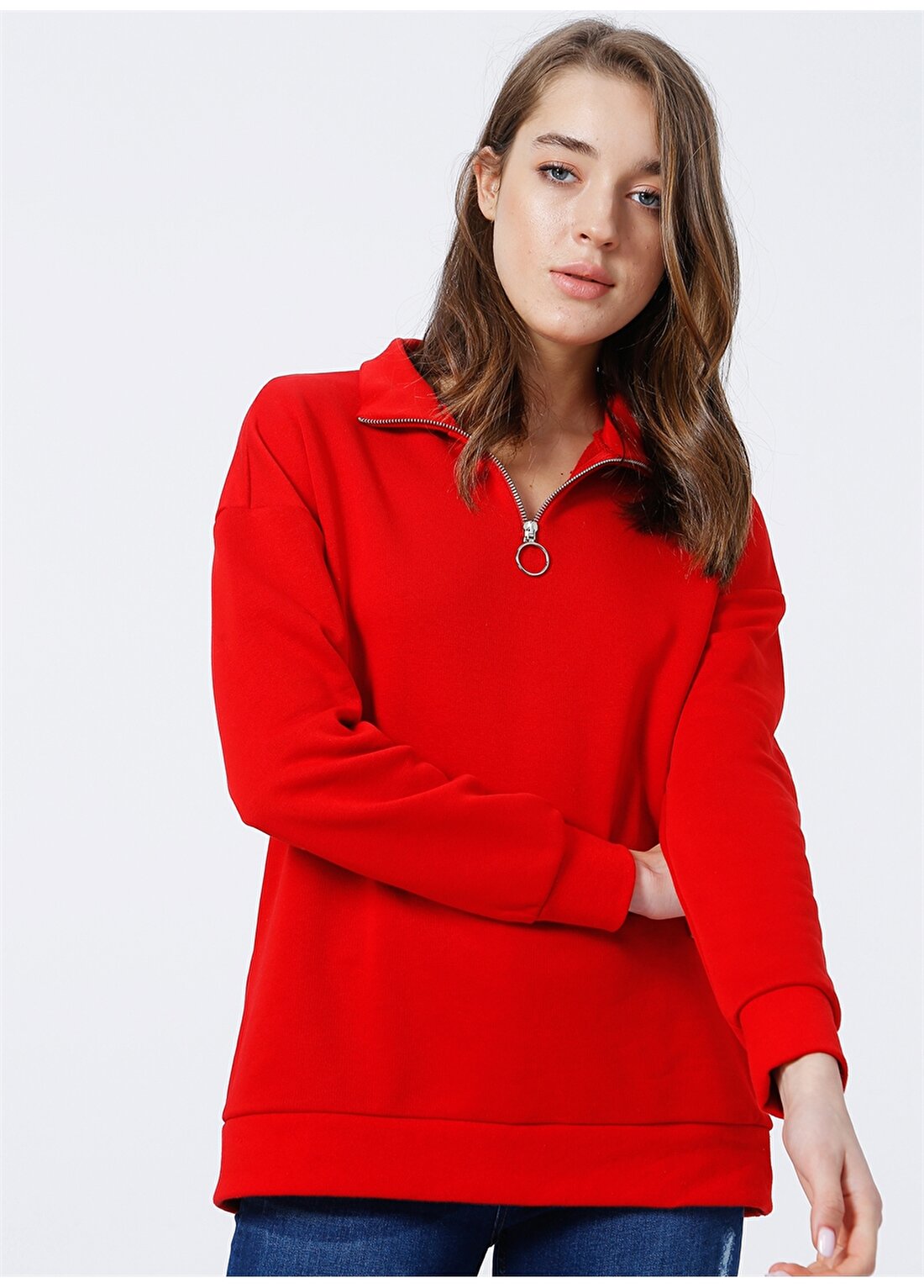 Limon Yoryo Fermuarlı Kırmızı Kadın Sweatshirt