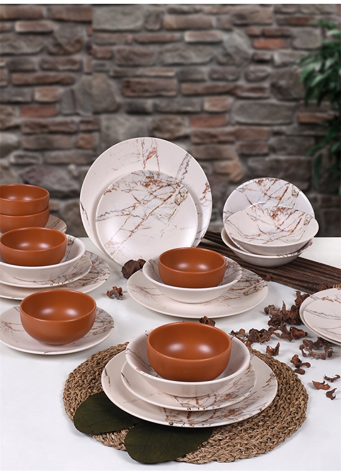 Keramika Kahverengi Mermer Yemek Takımı24 Parça 6 Kişilik