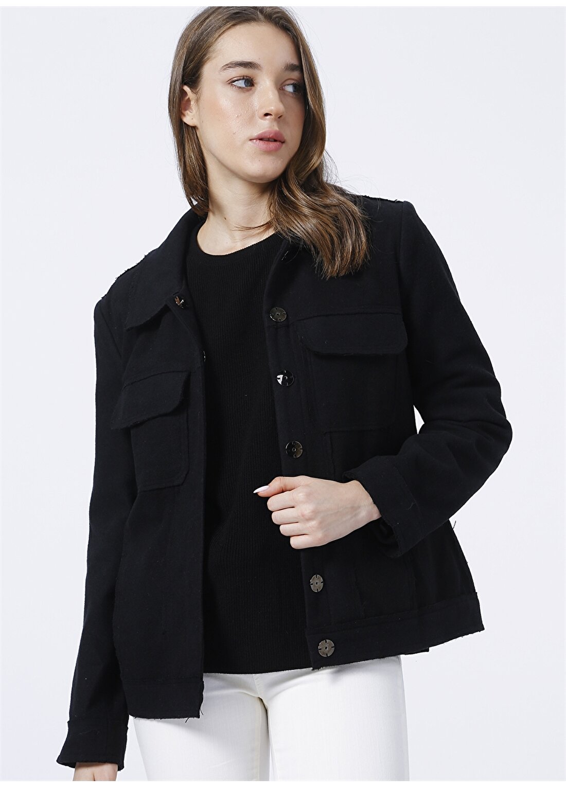 Fabrika Comfort CM-NS323 Gömlek Yaka Basic Siyah Kadın Ceket