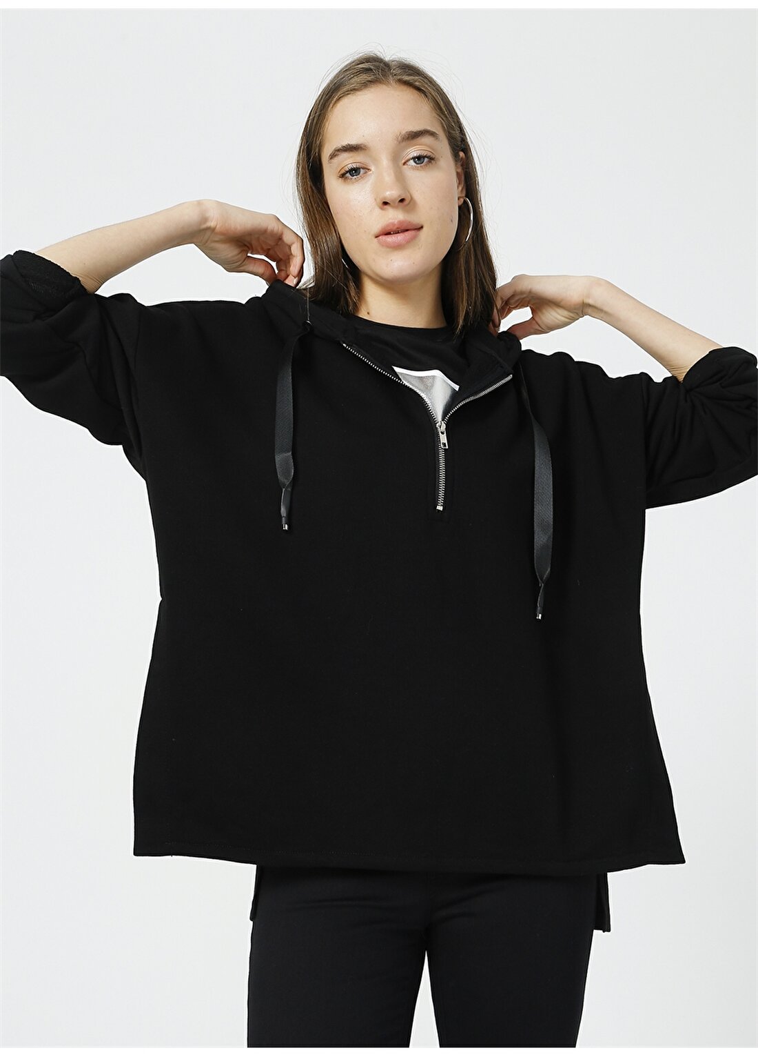 Fabrika Comfort CM-NS177 Kapüşonlu Fermuarlı Rahat Kalıp Siyah Kadın Sweatshirt