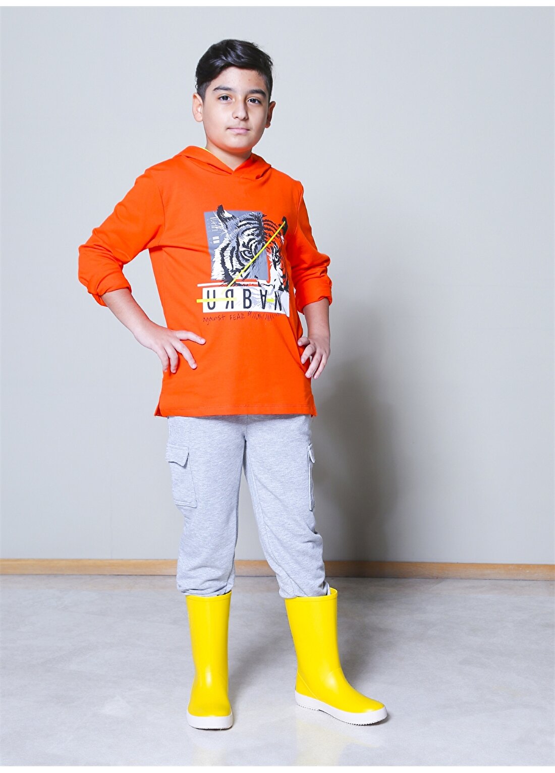 Funky Rocks TCH-15 Turuncu Kapüşonlu Erkek Çocuk Baskılı Sweatshirt