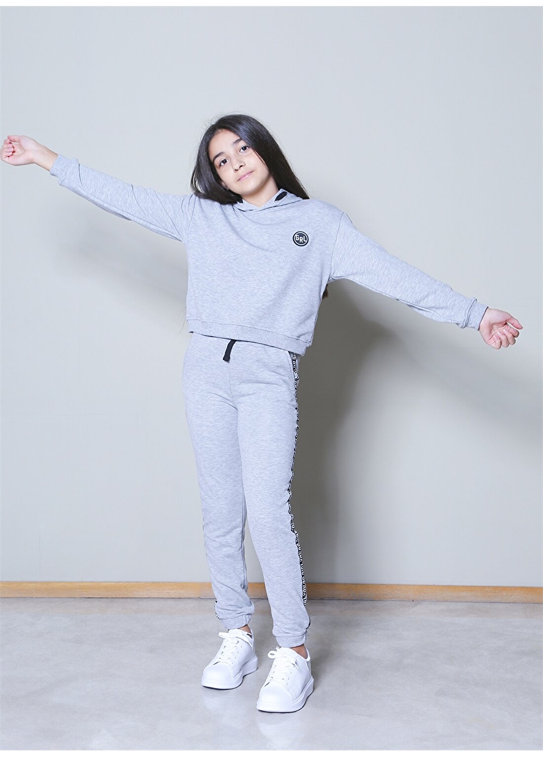Limon Gri Melanj Kız Çocuk Kapüşonlu Uzun Kollu Dar Baskılı Sweatshirt ENY GIRL D1