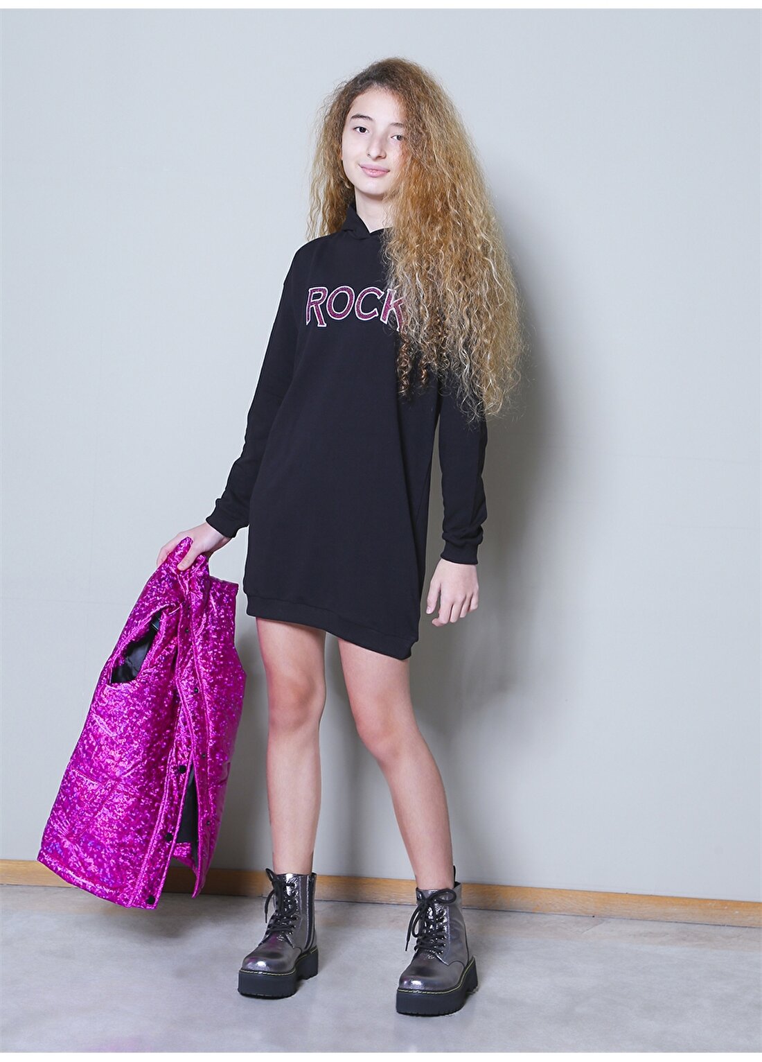 Funky Rocks RFG-28 Siyah Kapüşonlu Kız Çocuk Baskılı Elbise