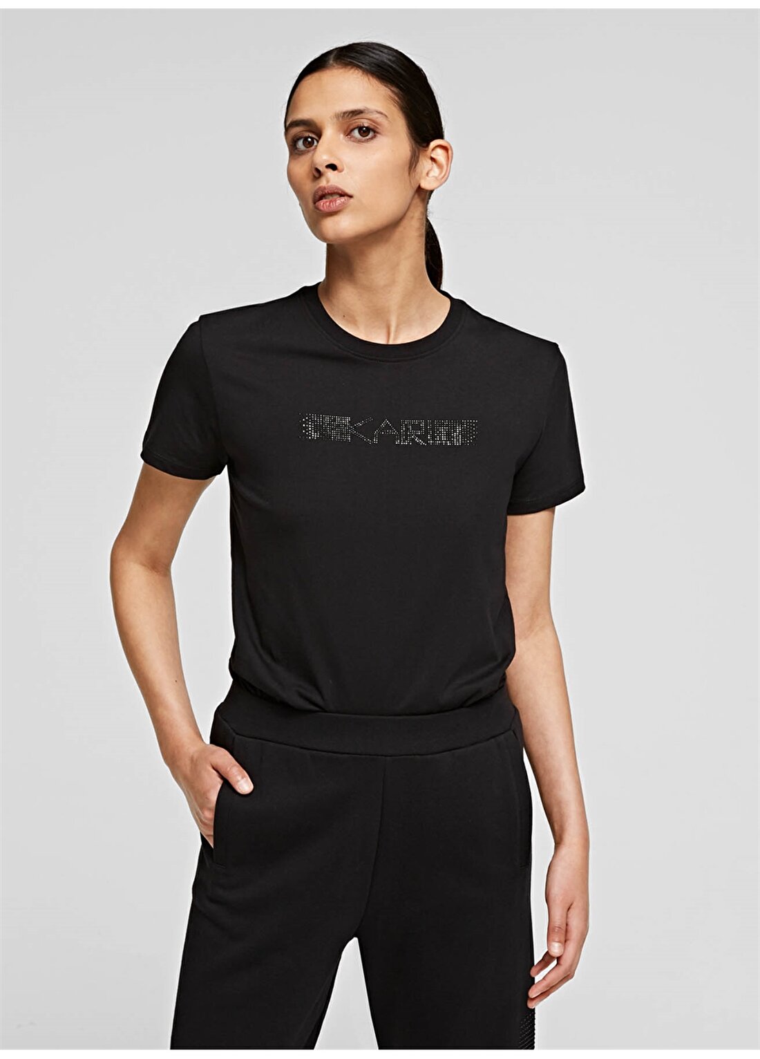 Karl Lagerfeld Taş Logolu Siyah Kadın T-Shirt