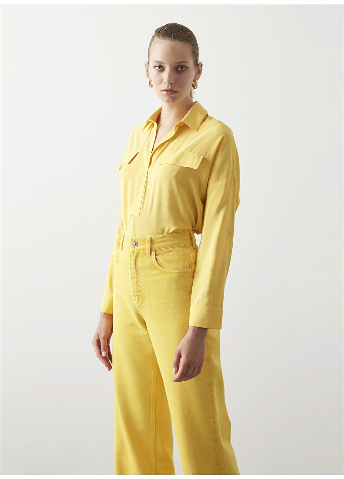 İpekyol Gömlek Yaka Uzun Kollu Cepli Sarı Kadın Bluz
