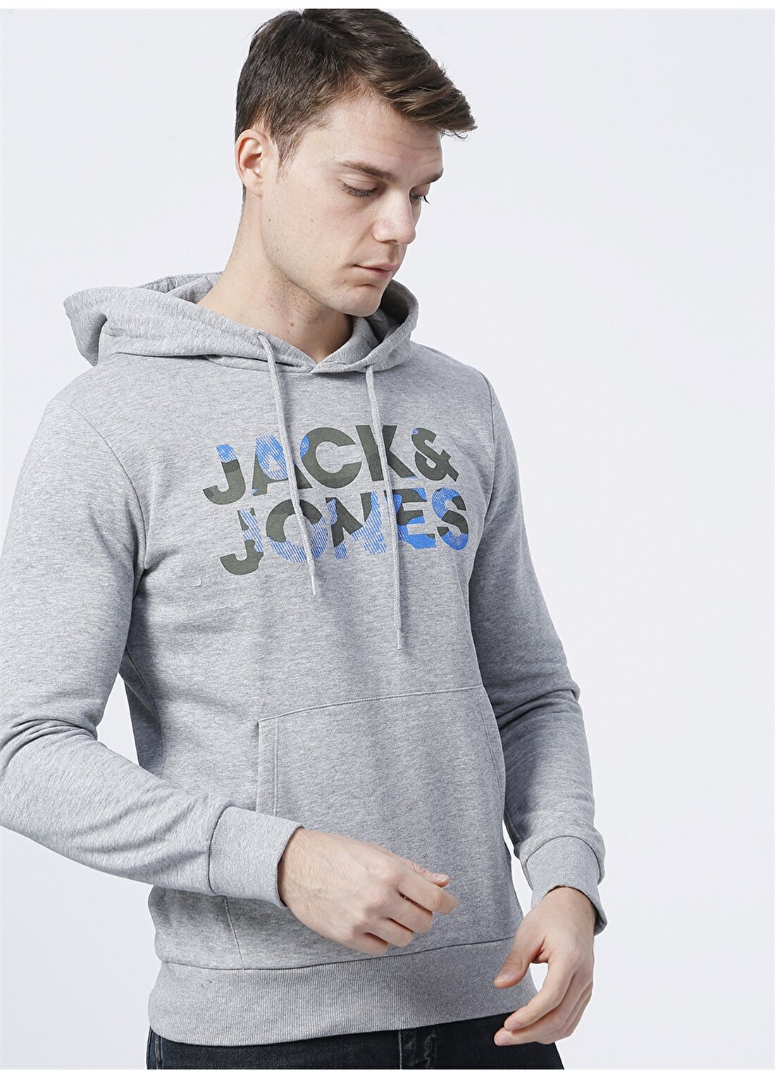 Jack & Jones 12189147_Jjsoldier Logo Sweat Hood Kapüşonlu Uzun Kollu Regular Fit Baskılı Açık Gri Erkek Sweatshirt