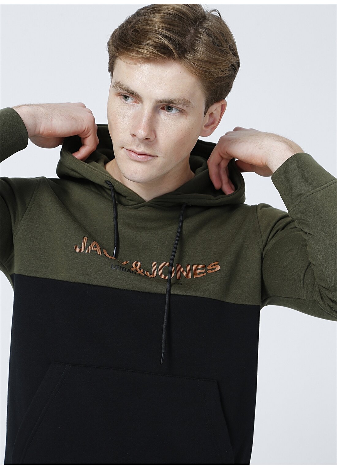 Jack & Jones 12190441_Jjeurban Blocking Sweat Ho Kapüşonlu Uzun Kollu Regular Fit Baskılı Haki Erkek Sweatshirt