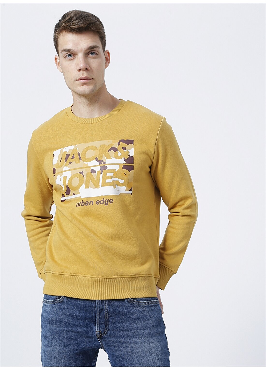 Jack & Jones 12197418_Jcomiko Sweat Crew Neck O Yaka Uzun Kollu Regular Fit Düz Sarı Erkek Sweatshirt
