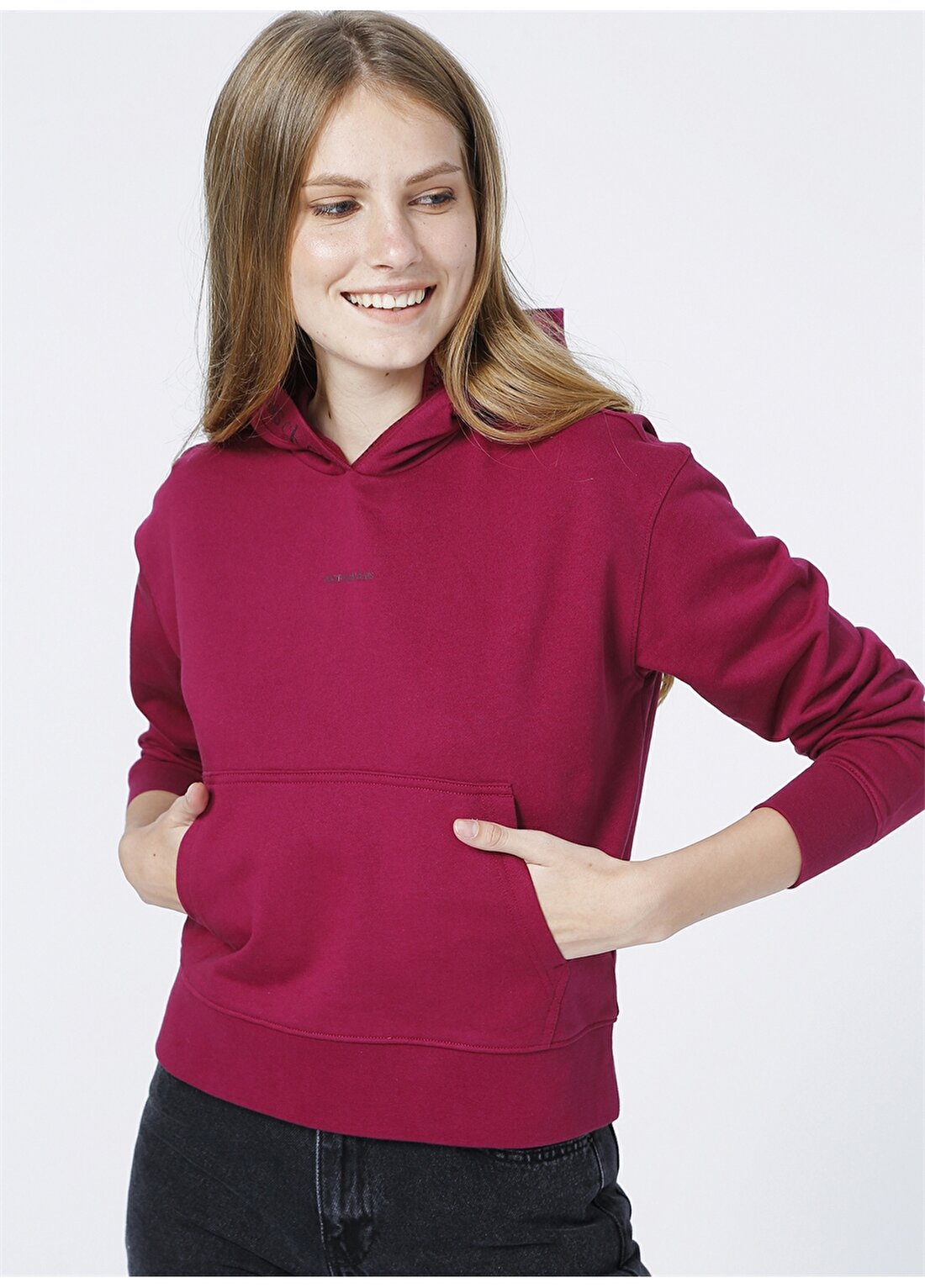 Calvin Klein Jeans Kapüşonlu Relaxed Düz Lila Kadın Sweatshirt LOGO TRIM HOODIE