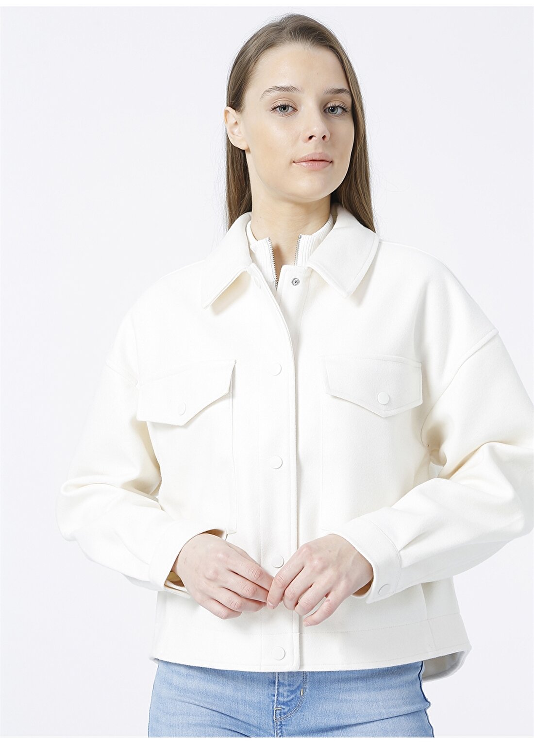Vero Moda Vmfortunelippa Gömlek Yaka Normal Kalıp Düz Beyaz Kadın Ceket