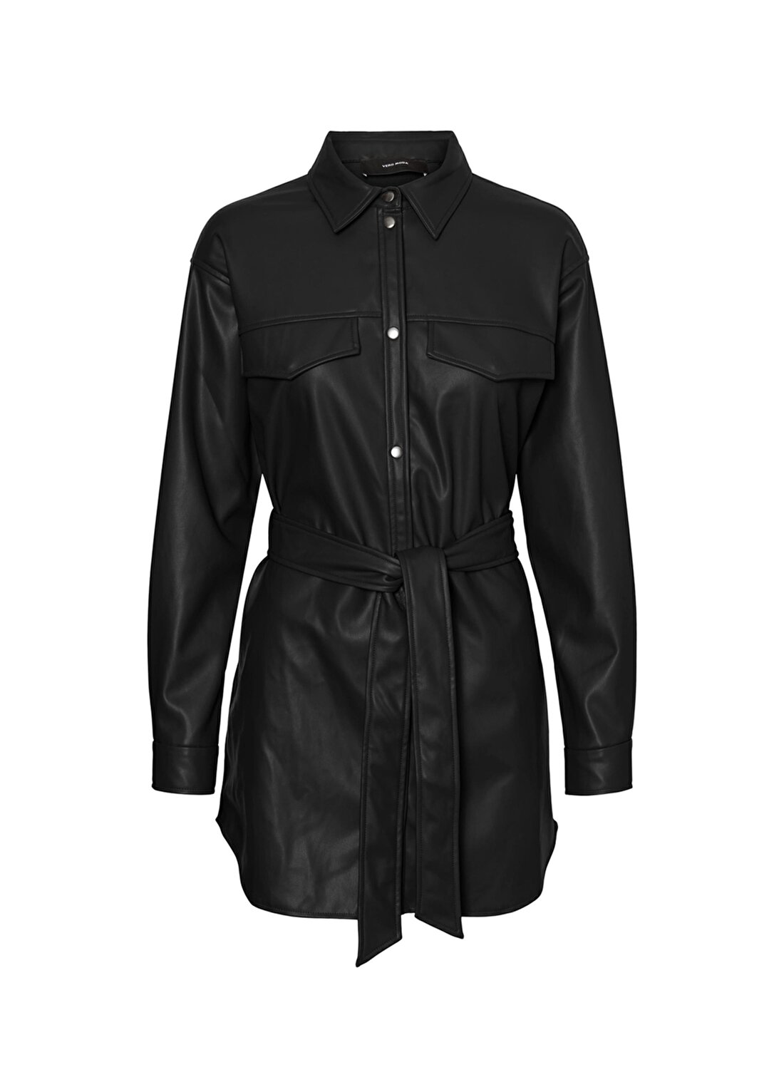 Vero Moda Vmsolaparis 3/4 Coated Gömlek Yaka Düz Siyah Kadın Deri Görünümlü Ceket