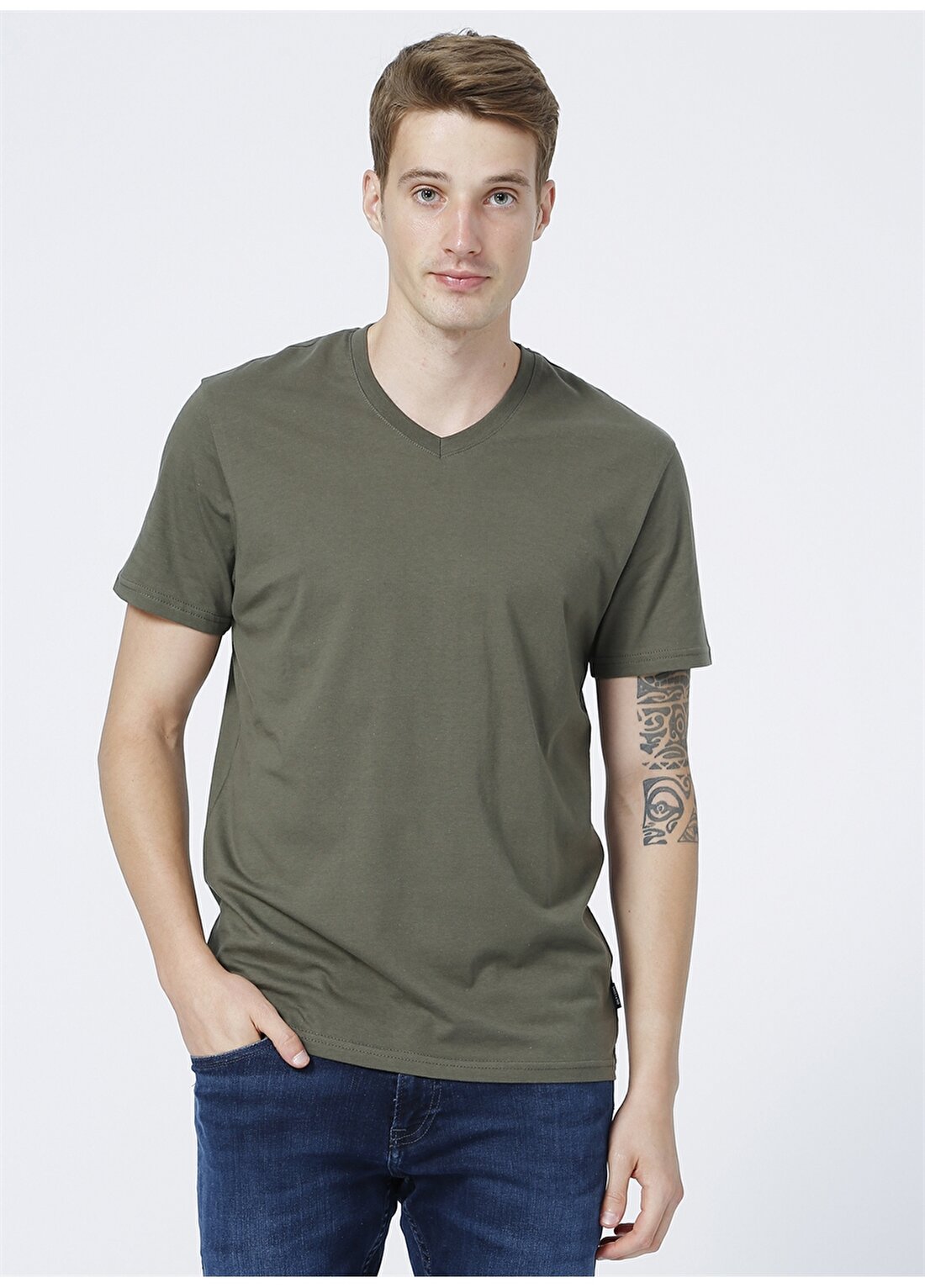 Only & Sons V Yaka Düz Açık Haki Erkek T-Shirt