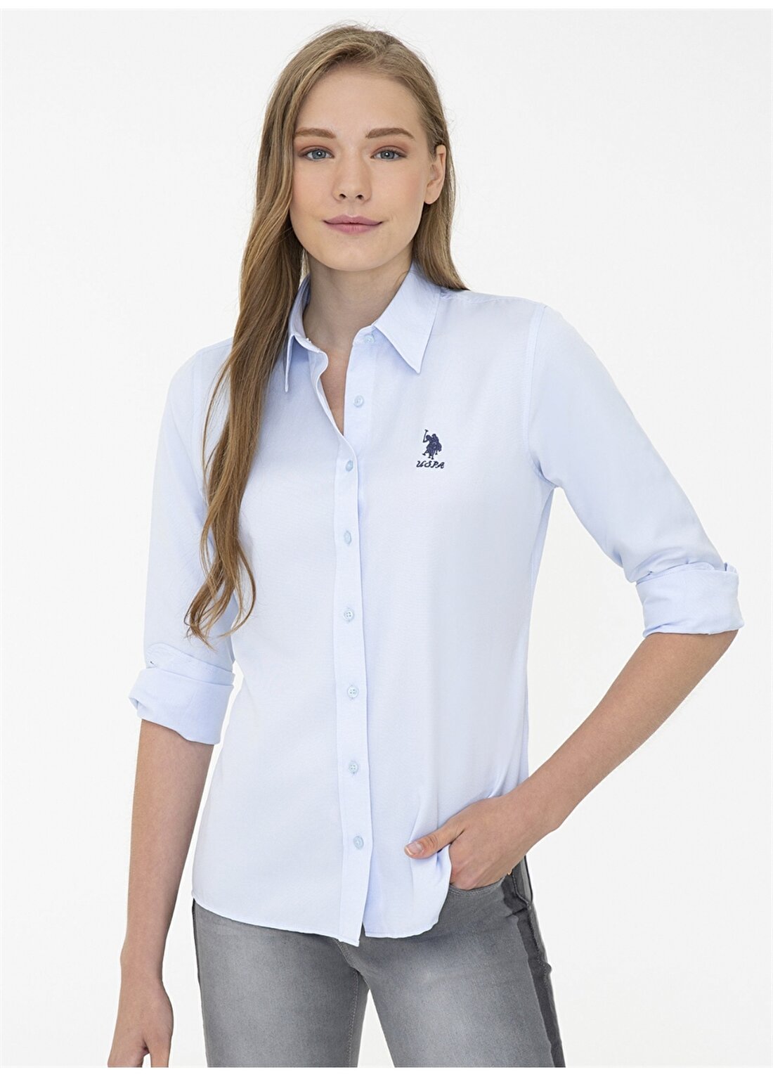 U.S. Polo Assn. Gömlek Yaka Açık Mavi Kadın Gömlek WOX021K