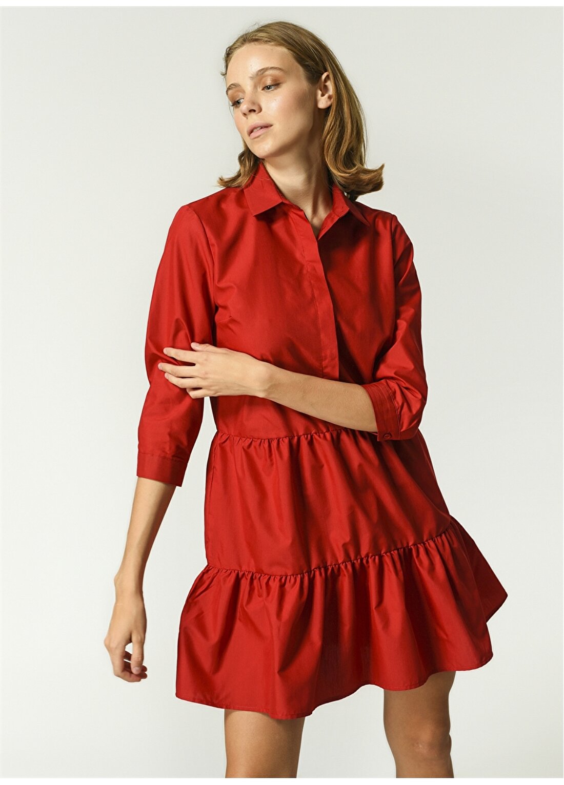 NGSTYLE Truvakar Diz Üstü Düz Kırmızı Kadın Elbise